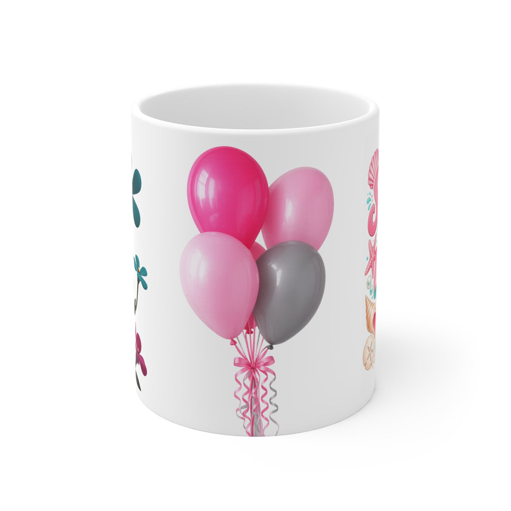 Birthday Floral Balloon Mug – Pink Party Flowers 11oz Ceramic Coffee Cup