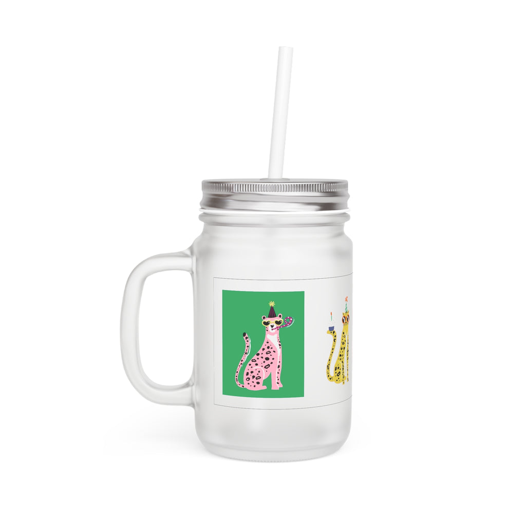 Mason Jar Tumbler with Party Cheetah Art — Cute Animal Drink Jar with Straw