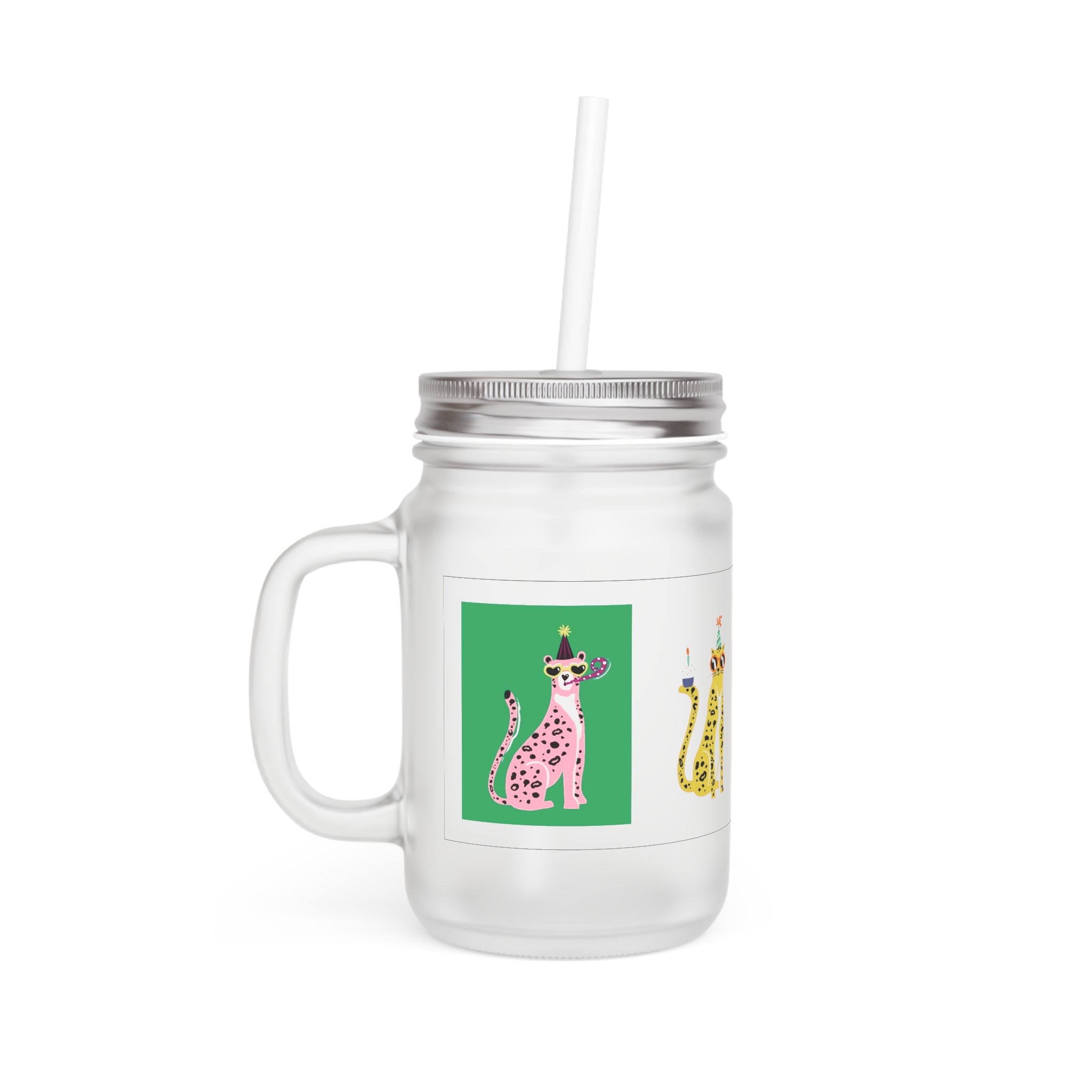 Mason Jar Tumbler with Party Cheetah Art — Cute Animal Drink Jar with Straw