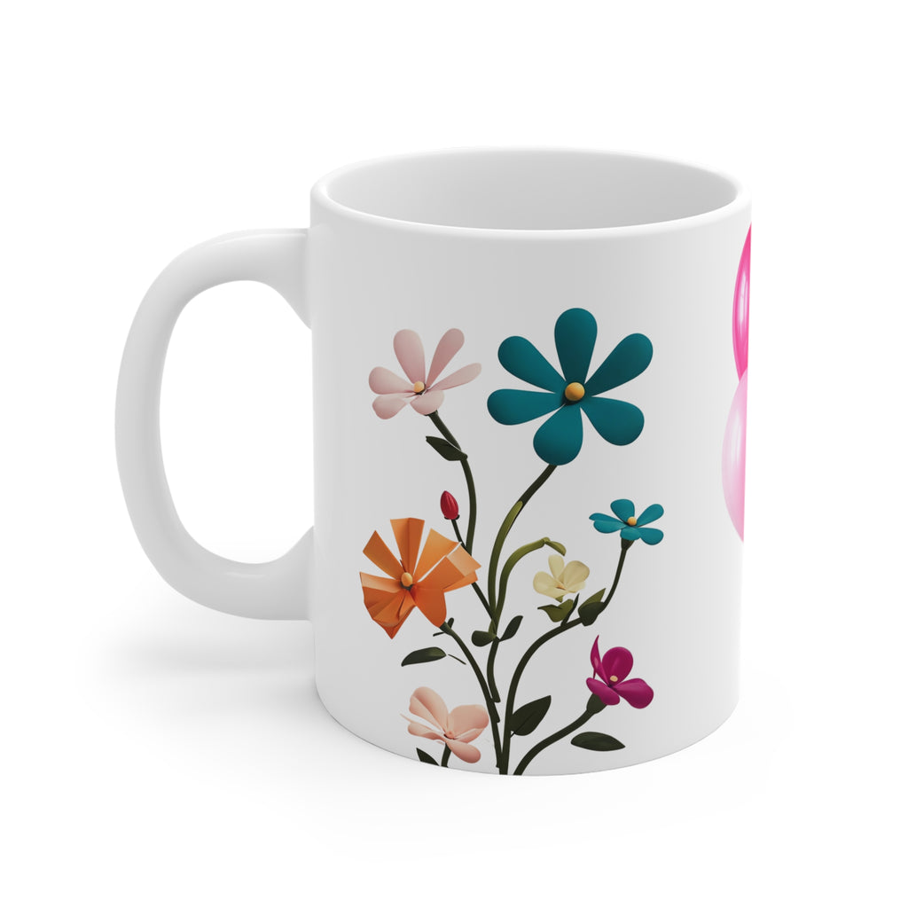 Birthday Floral Balloon Mug – Pink Party Flowers 11oz Ceramic Coffee Cup