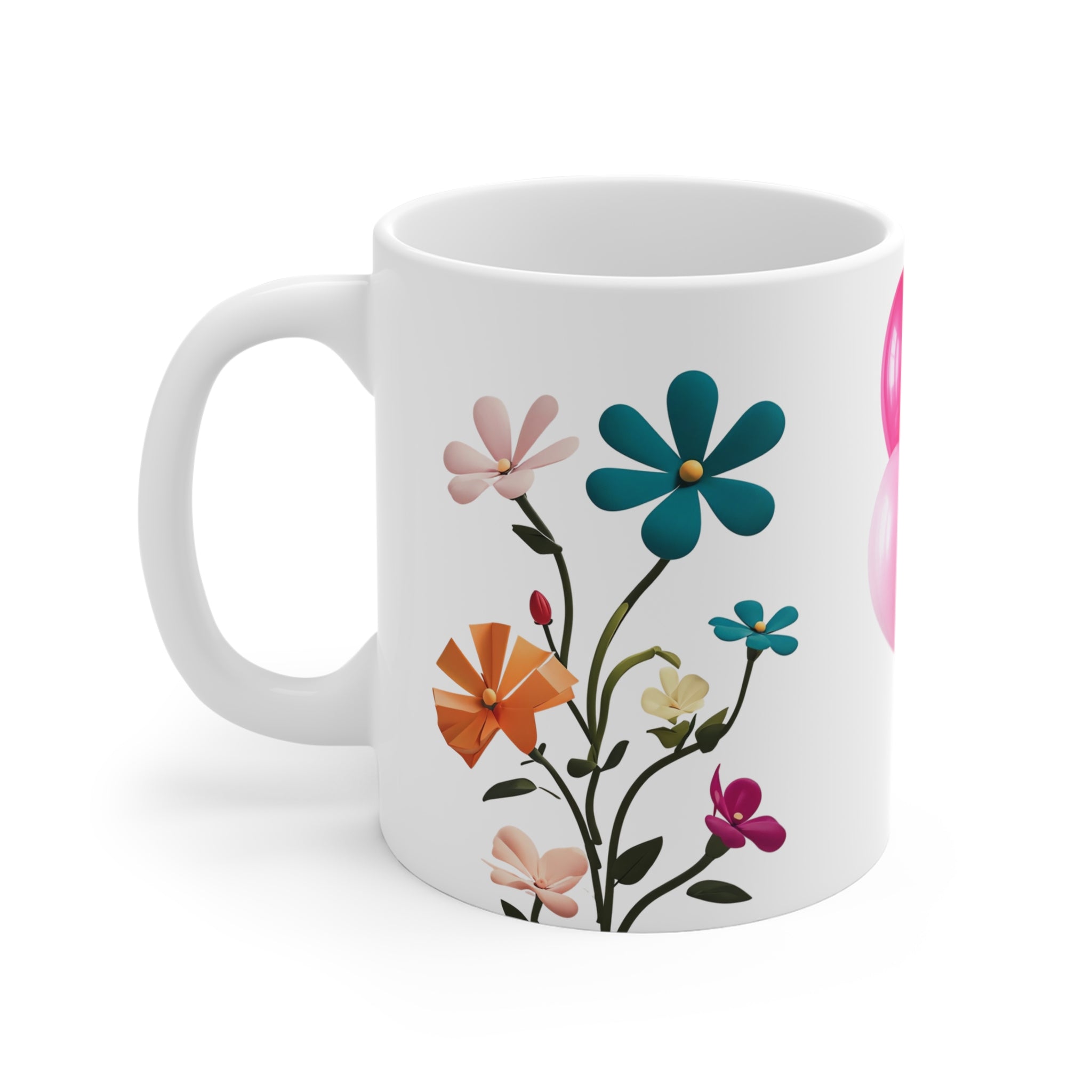 Birthday Floral Balloon Mug – Pink Party Flowers 11oz Ceramic Coffee Cup