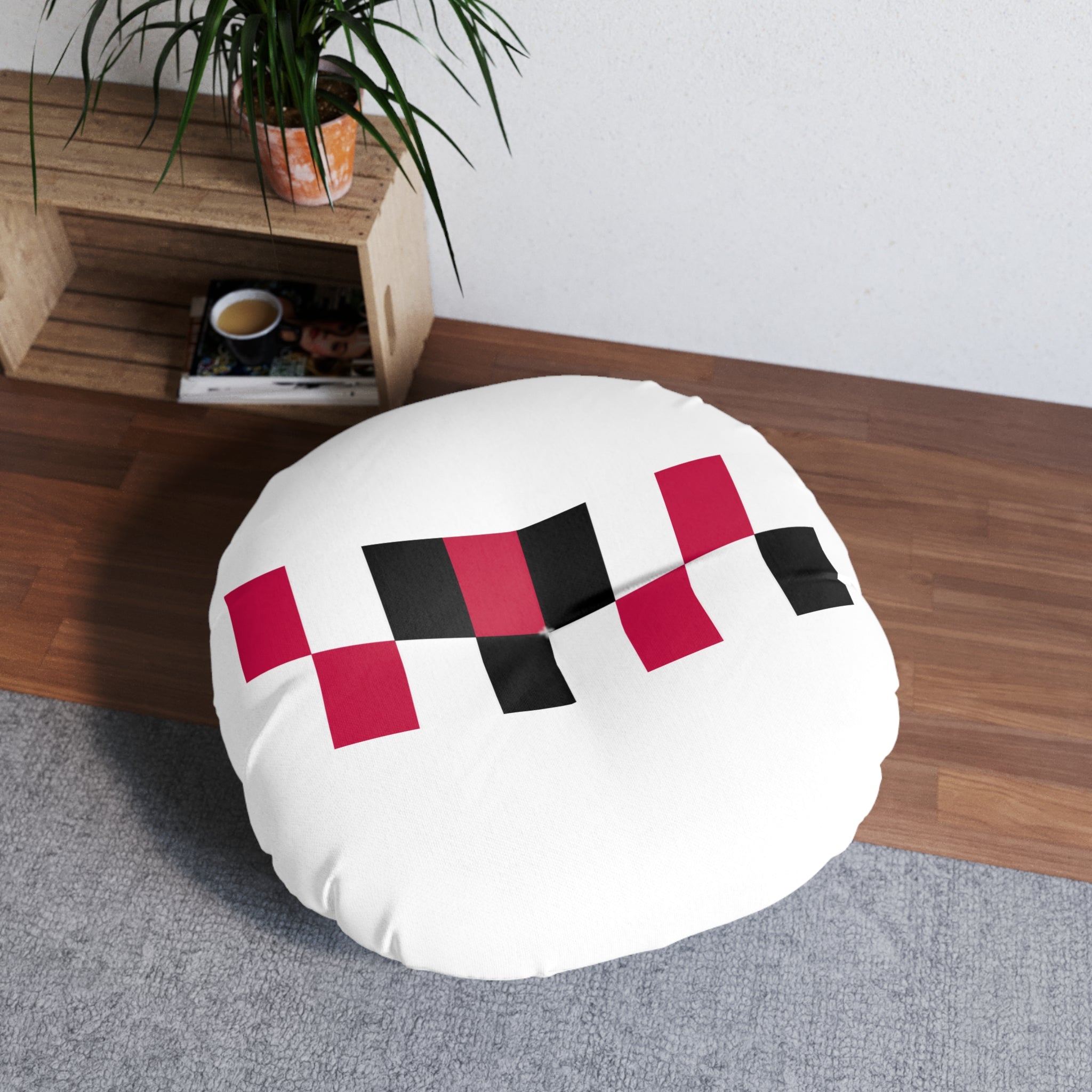 Round Tufted Floor Pillow — Modern Red, White, & Black Checker Accent