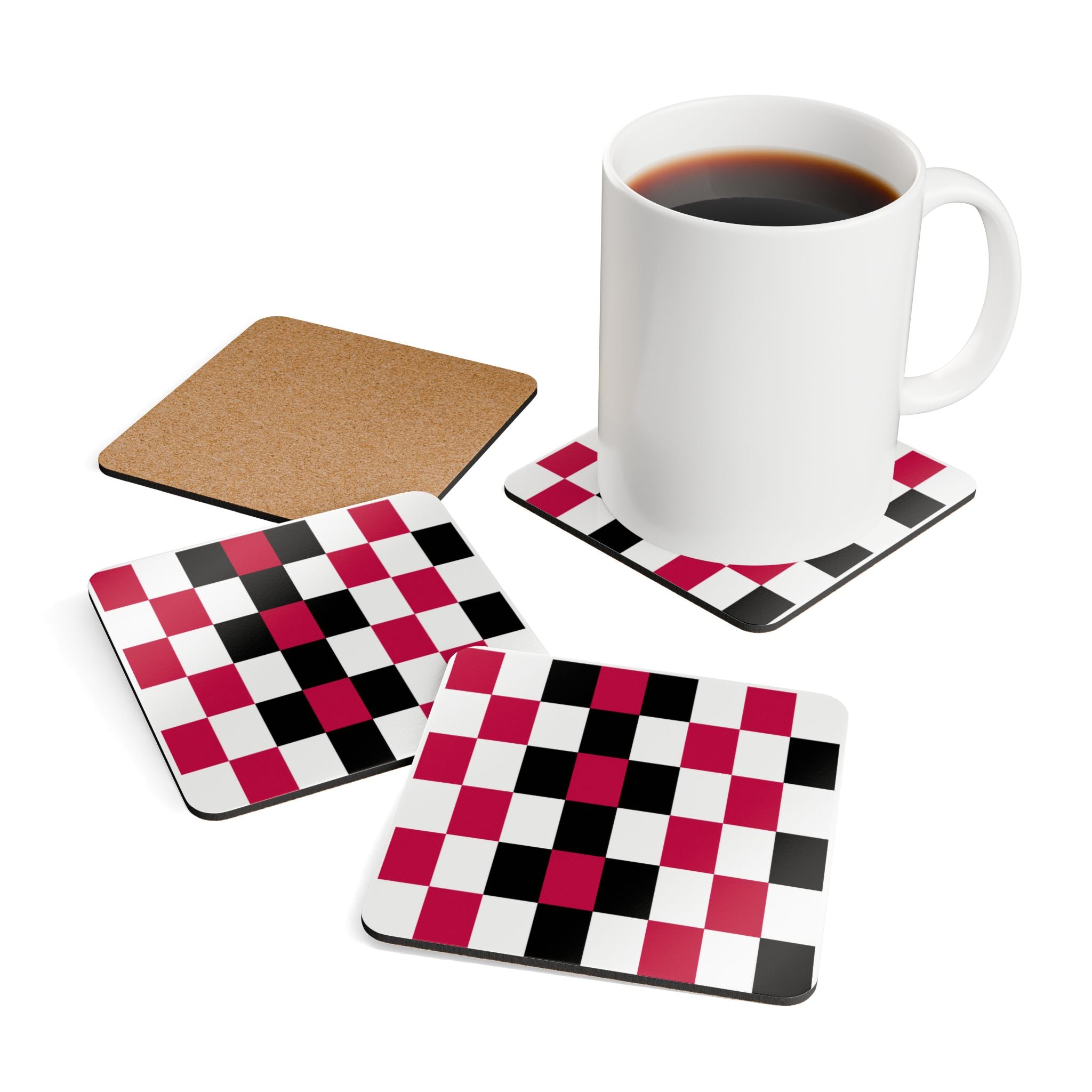 Checkerboard Cork Coaster Set - Red & Black Geometric Drink Coasters (4-Pack)