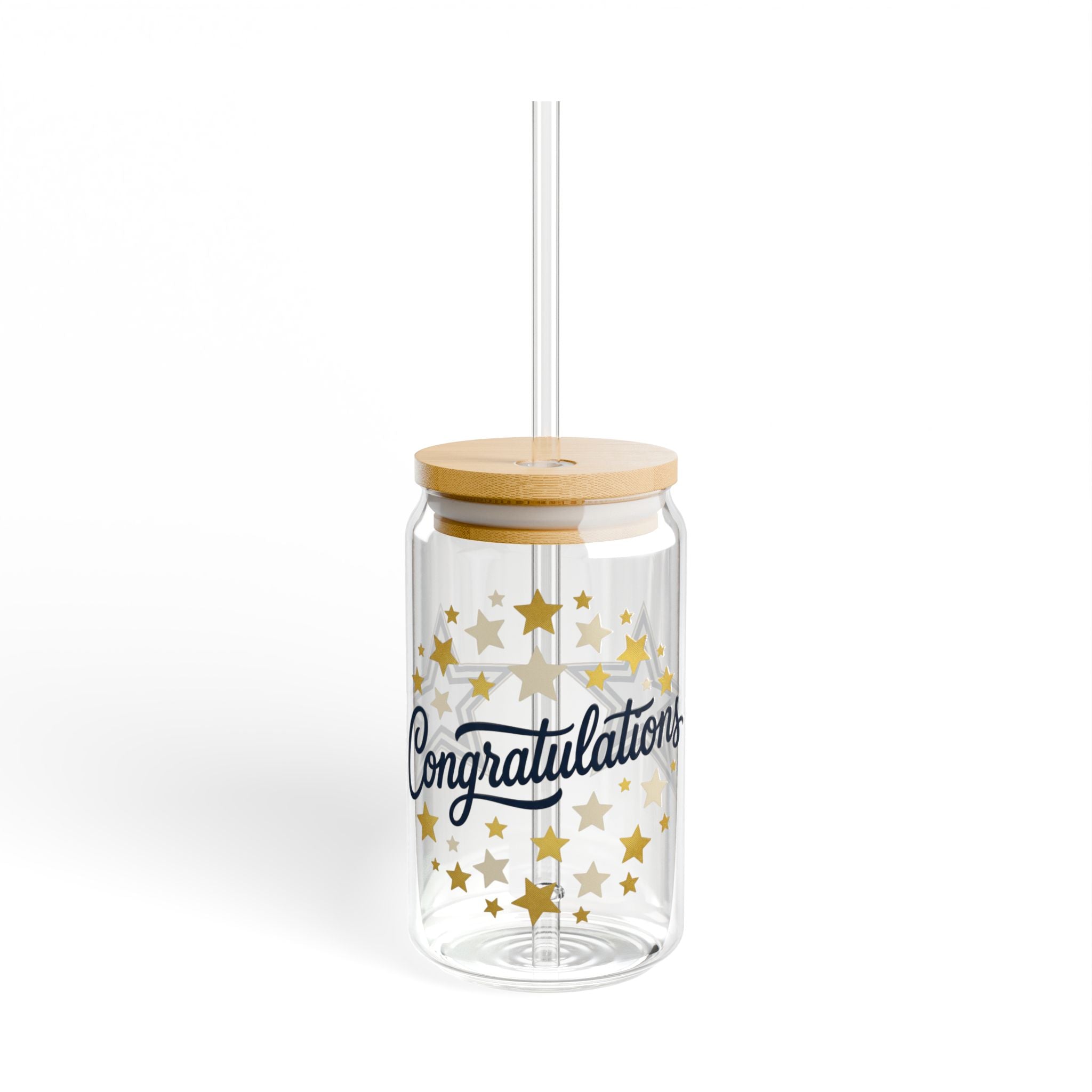 "Congratulations" Star  16oz Glass Tumbler with Straw & Bamboo Lid