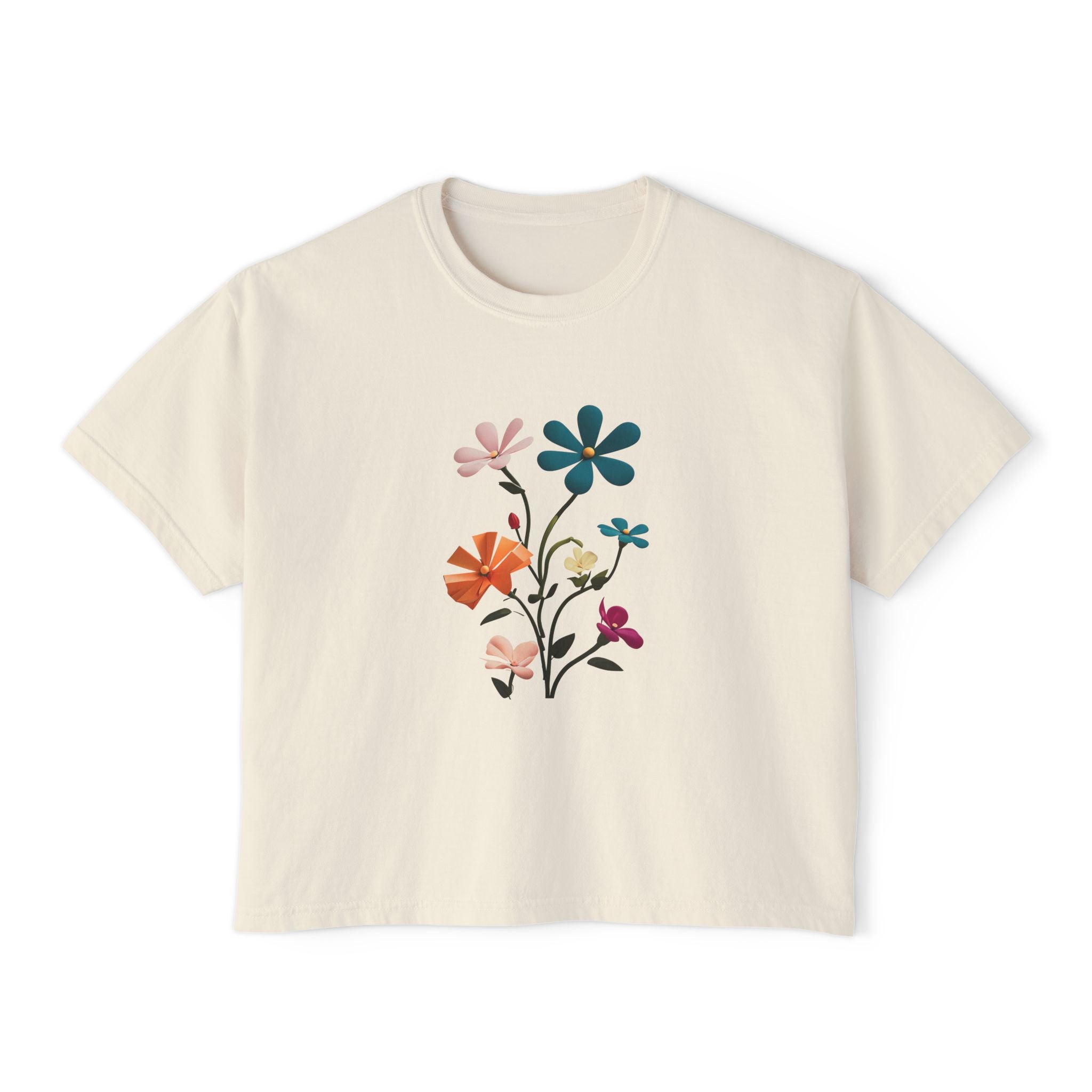 Floral Bouquet Women's Boxy Tee — Retro Colorful Wildflower Graphic