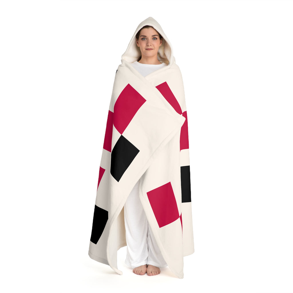 Hooded Sherpa Fleece Blanket — Cozy Geometric Hooded Throw (Cream with Red & Black Blocks)