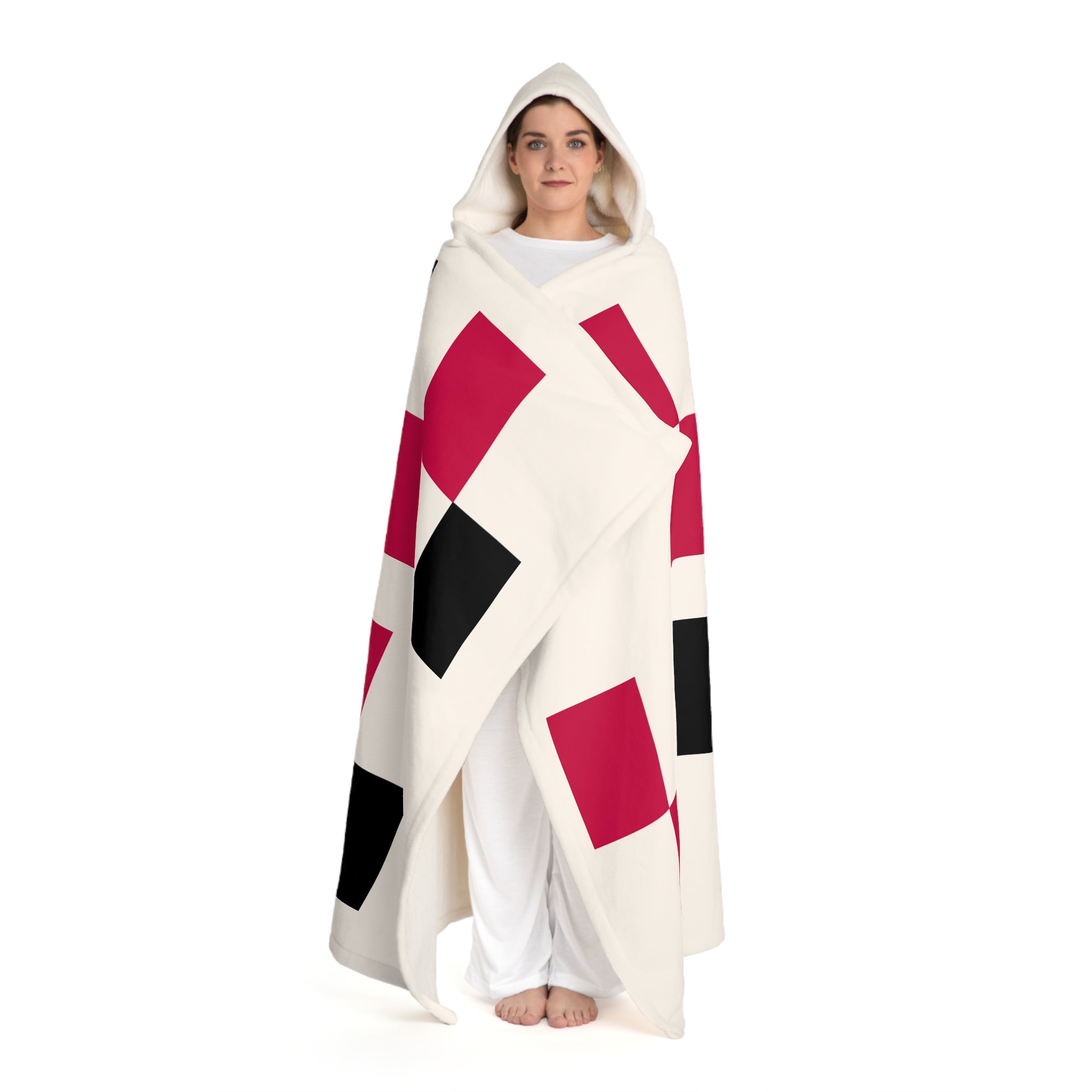 Hooded Sherpa Fleece Blanket — Cozy Geometric Hooded Throw (Cream with Red & Black Blocks)