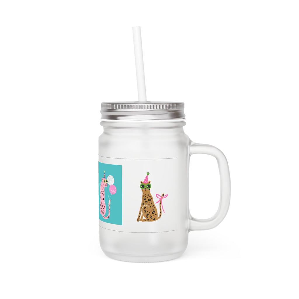 Mason Jar Tumbler with Party Cheetah Art — Cute Animal Drink Jar with Straw