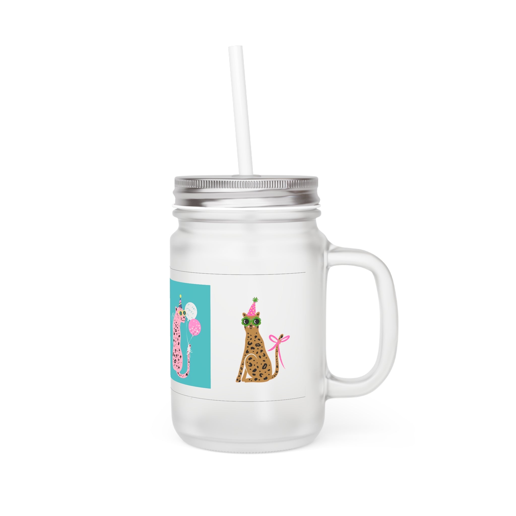 Mason Jar Tumbler with Party Cheetah Art — Cute Animal Drink Jar with Straw