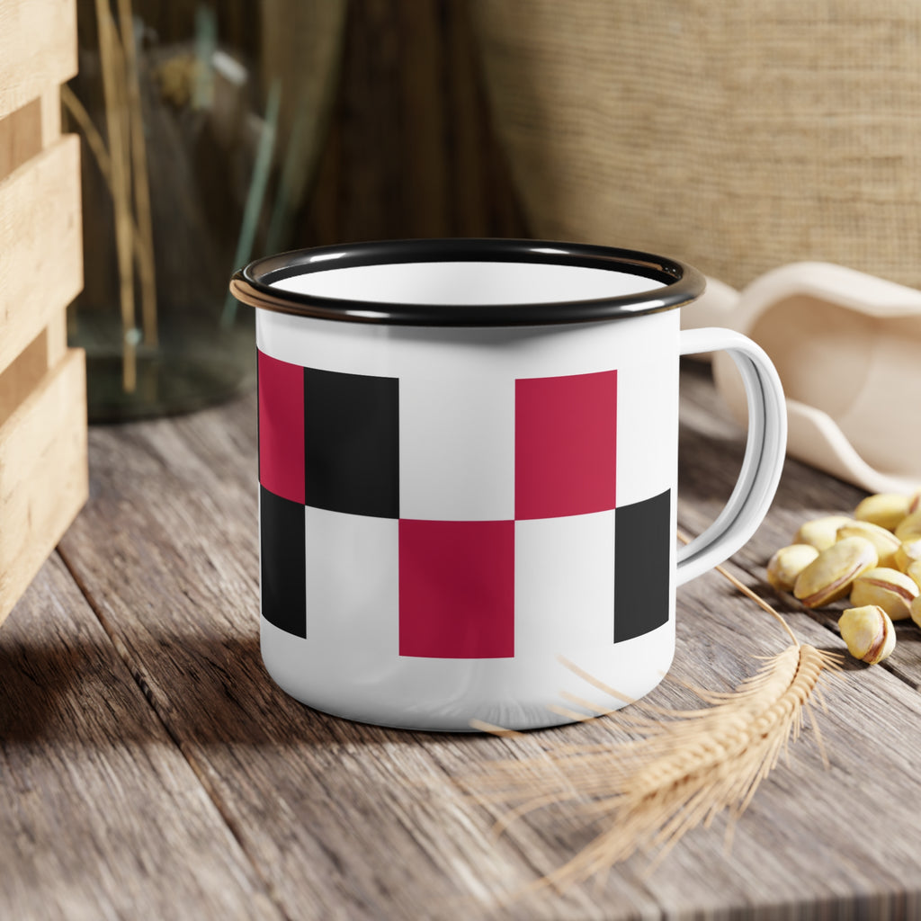 Enamel Camp Cup — Retro Checkerboard Red, White, & Black Travel Mug