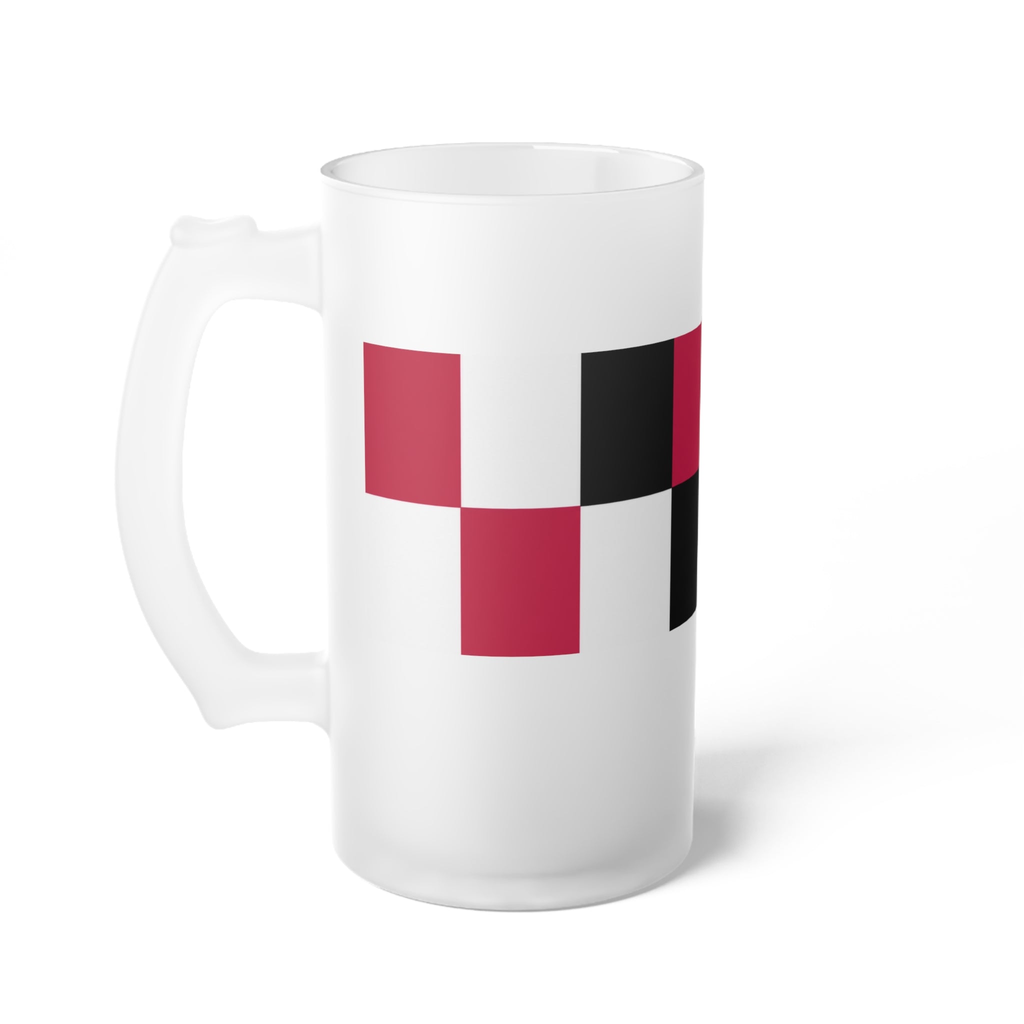 Frosted Glass Beer Mug — Modern Red & Black Checker Design