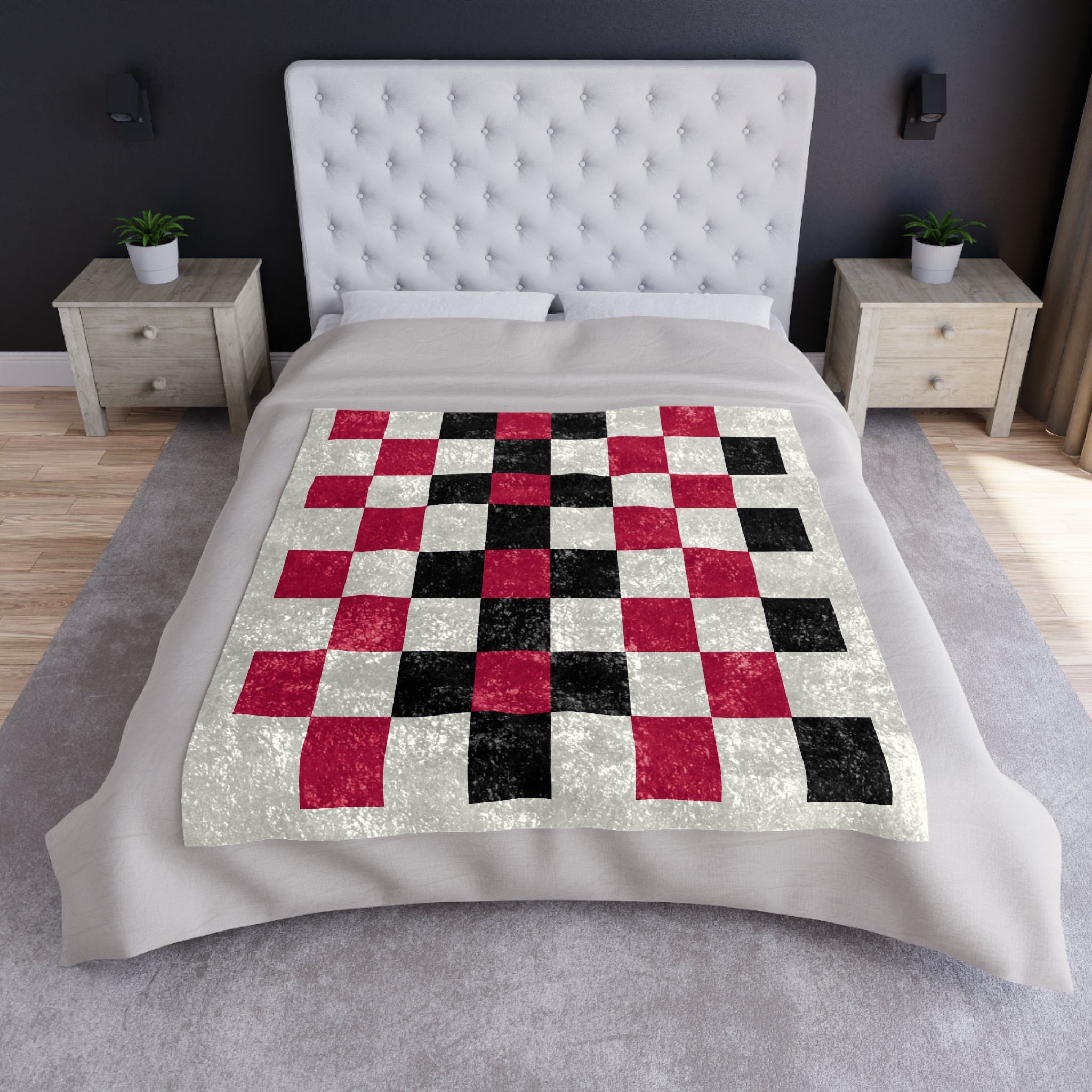 Crushed Velvet Blanket — Retro Checkerboard Throw in Red & Black