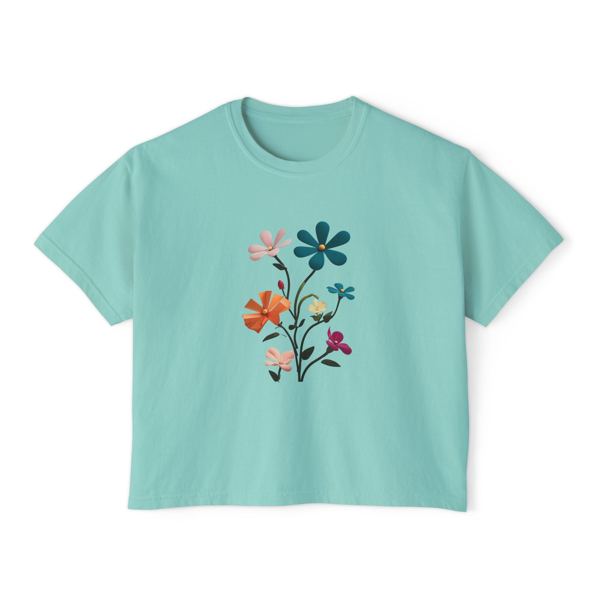 Floral Bouquet Women's Boxy Tee — Retro Colorful Wildflower Graphic