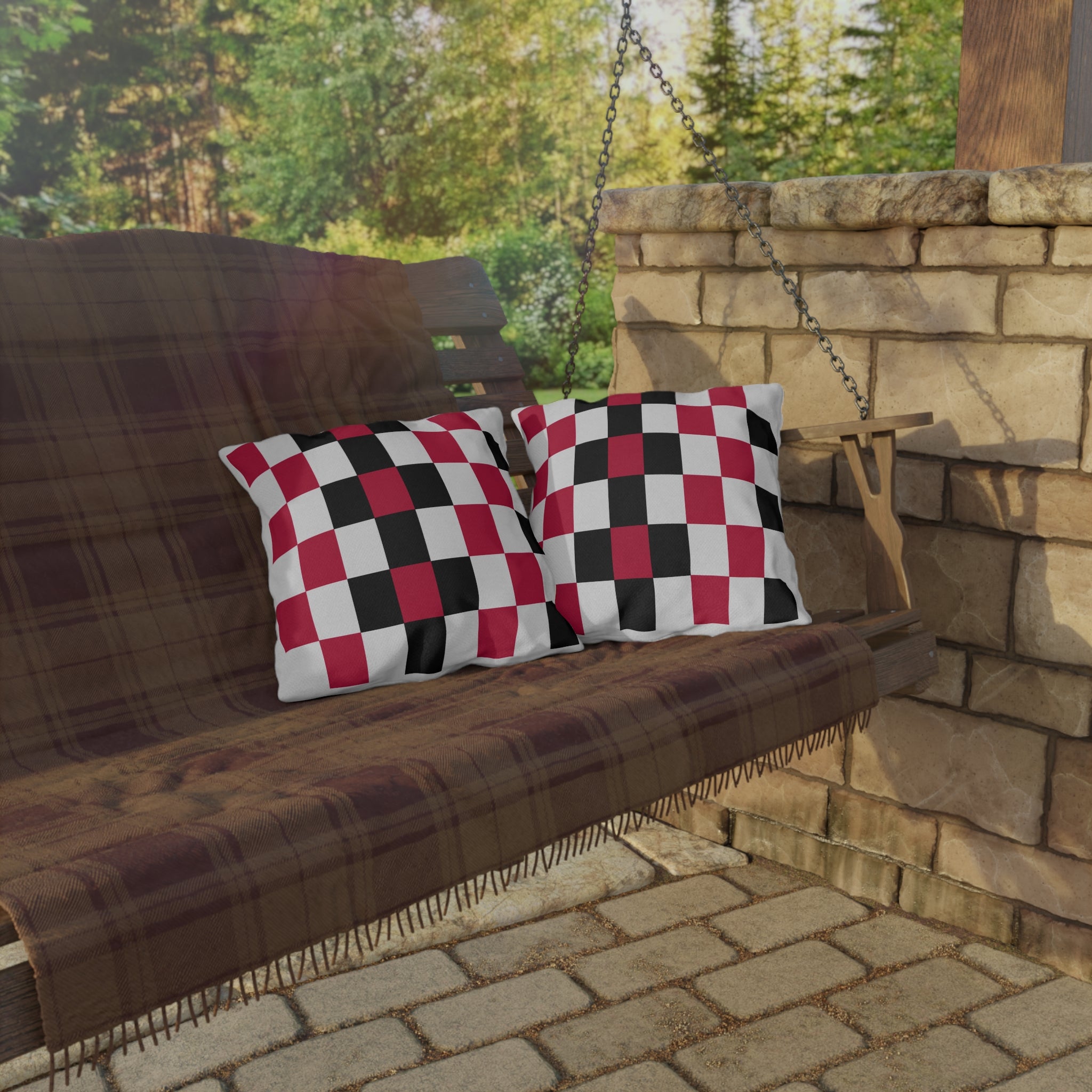 Checkerboard Outdoor Pillow — Red Black White Patio Cushion