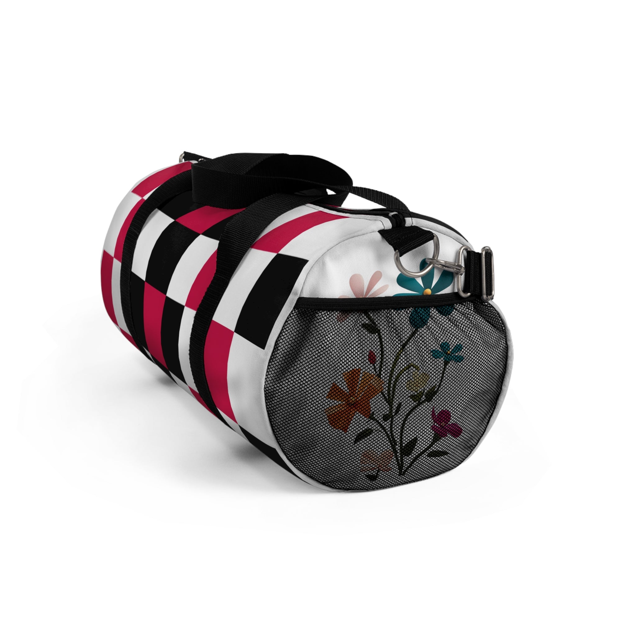 Checkerboard Duffel Bag — Red, White, Black, with flowers, Travel Gym Bag
