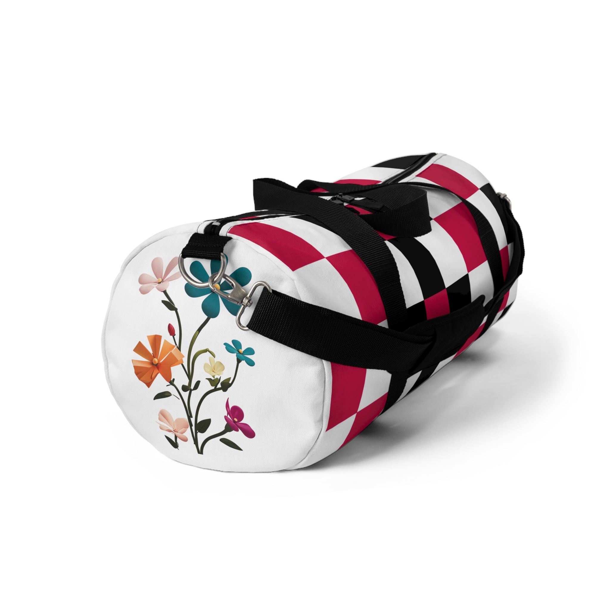 Checkerboard Duffel Bag — Red, White, Black, with flowers, Travel Gym Bag