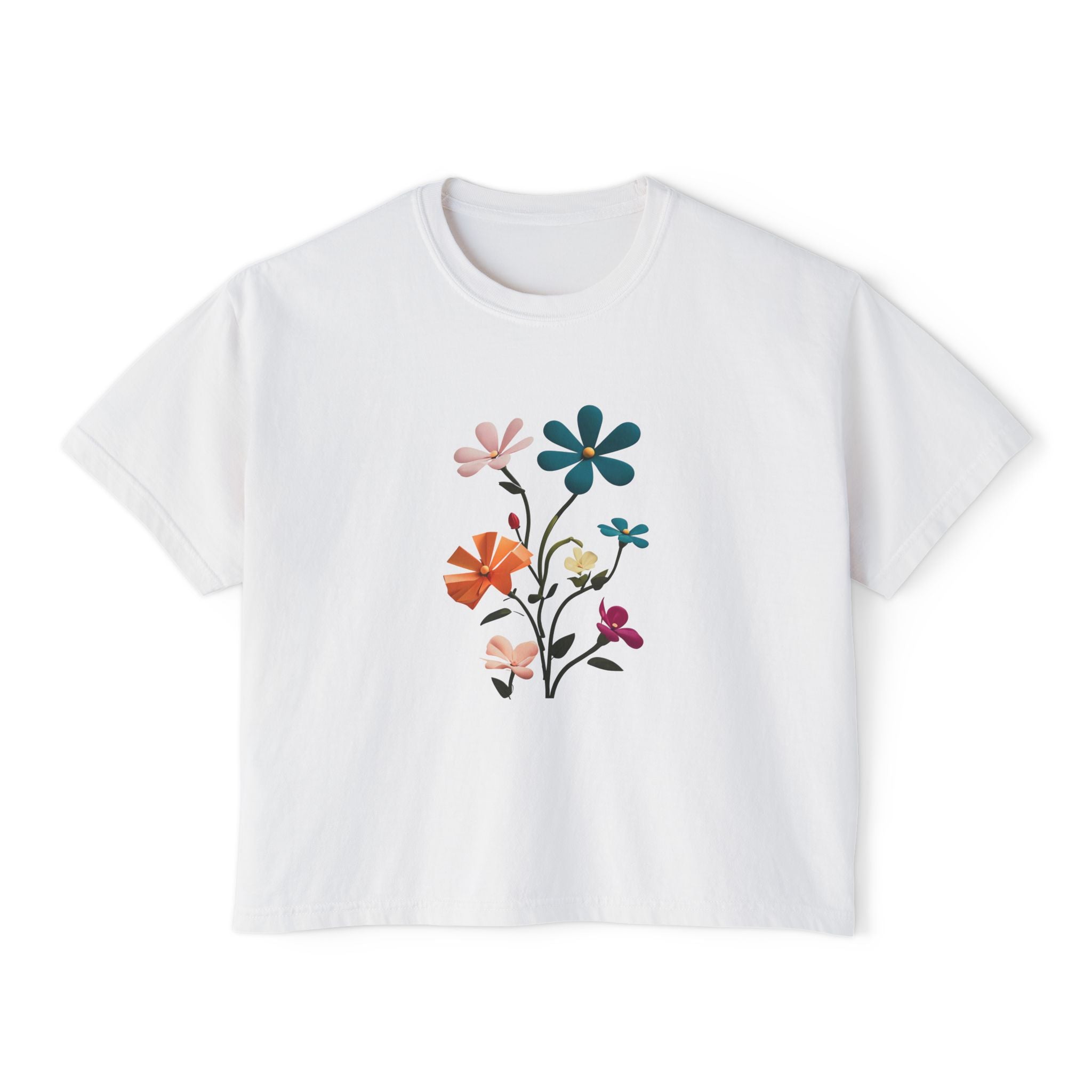 Floral Bouquet Women's Boxy Tee — Retro Colorful Wildflower Graphic