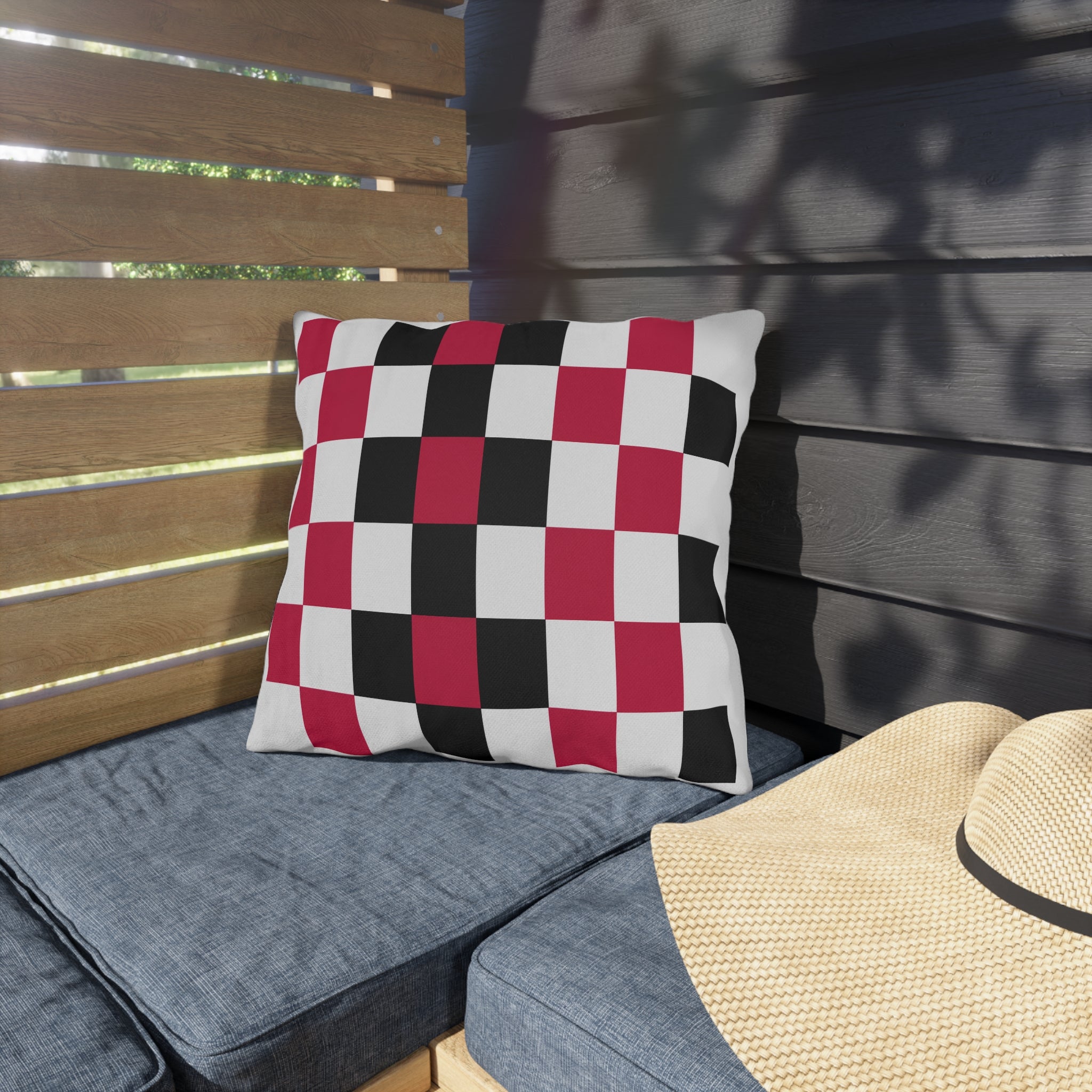 Checkerboard Outdoor Pillow — Red Black White Patio Cushion