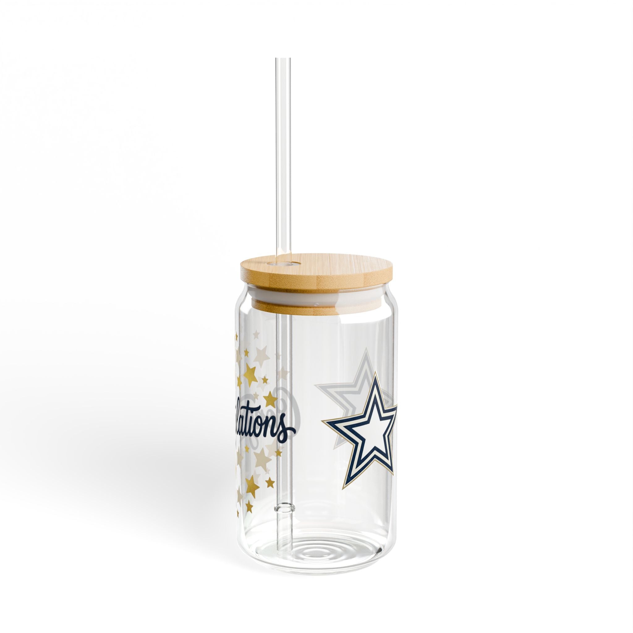 "Congratulations" Star  16oz Glass Tumbler with Straw & Bamboo Lid