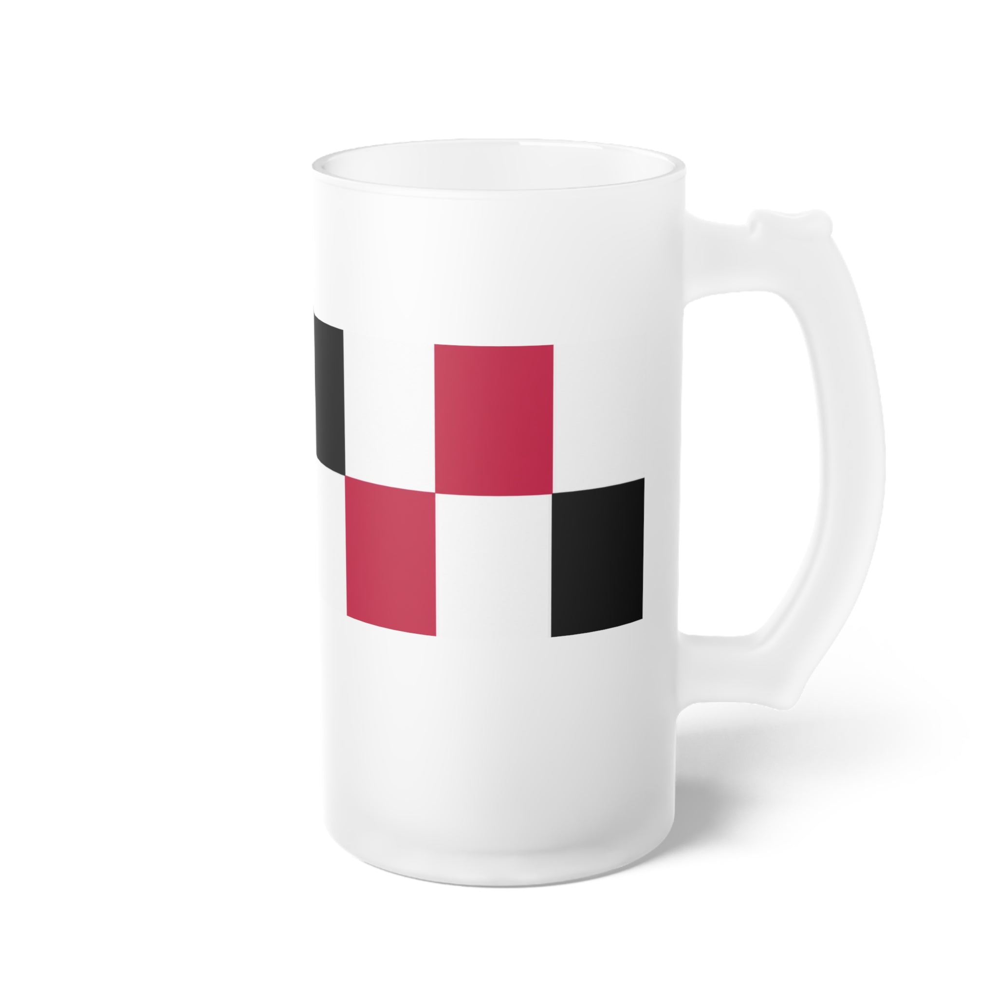 Frosted Glass Beer Mug — Modern Red & Black Checker Design