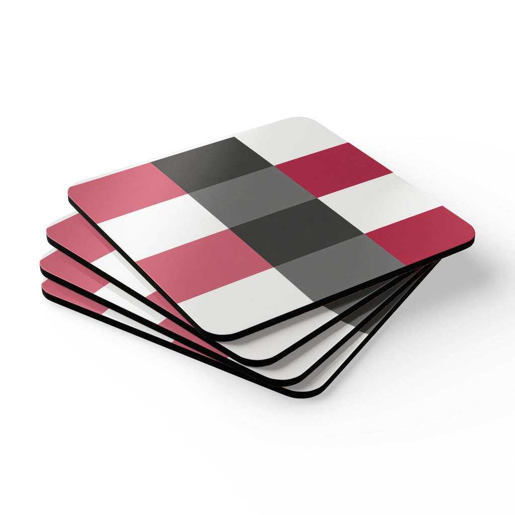 Plaid Corkwood Coaster Set — Pink, white, raspberry, & gray Geometric Drink Cork Coasters (4-Pack)