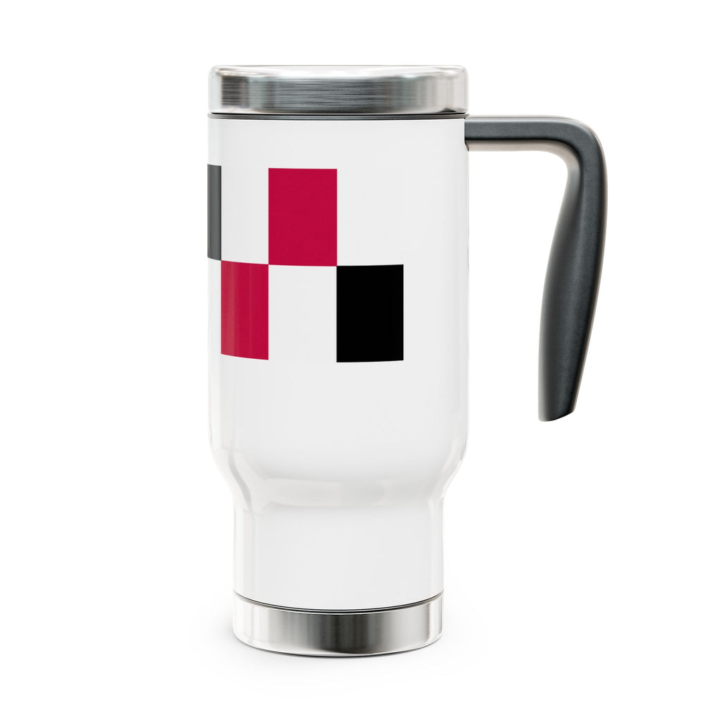 14oz Stainless Steel Travel Mug — Red & Black Checker Block Design with Handle