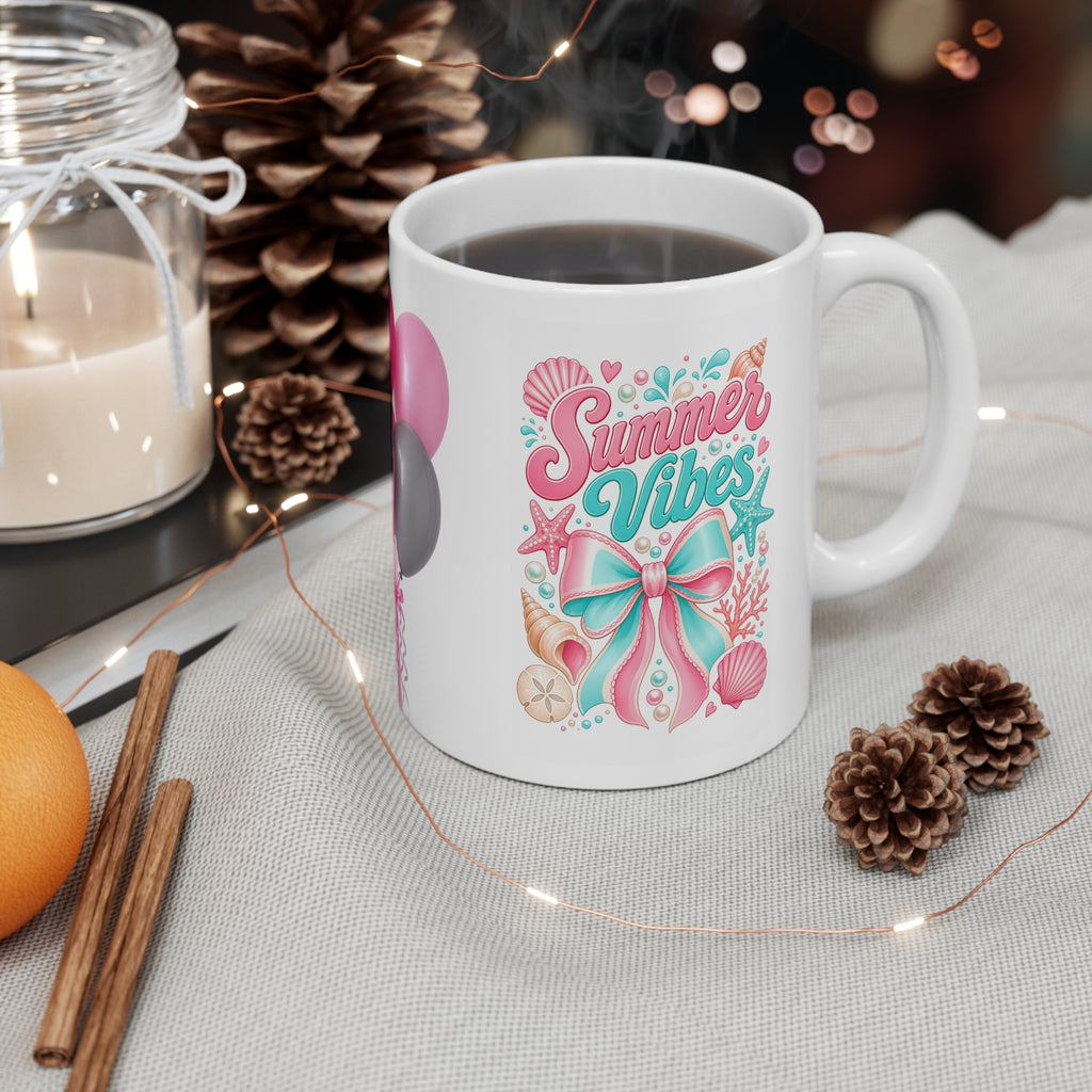 Birthday Floral Balloon Mug – Pink Party Flowers 11oz Ceramic Coffee Cup