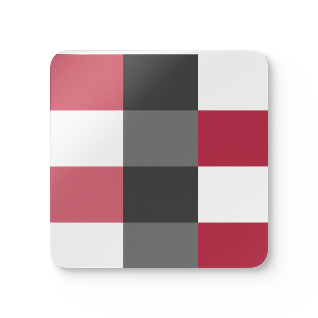 Plaid Corkwood Coaster Set — Pink, white, raspberry, & gray Geometric Drink Cork Coasters (4-Pack)