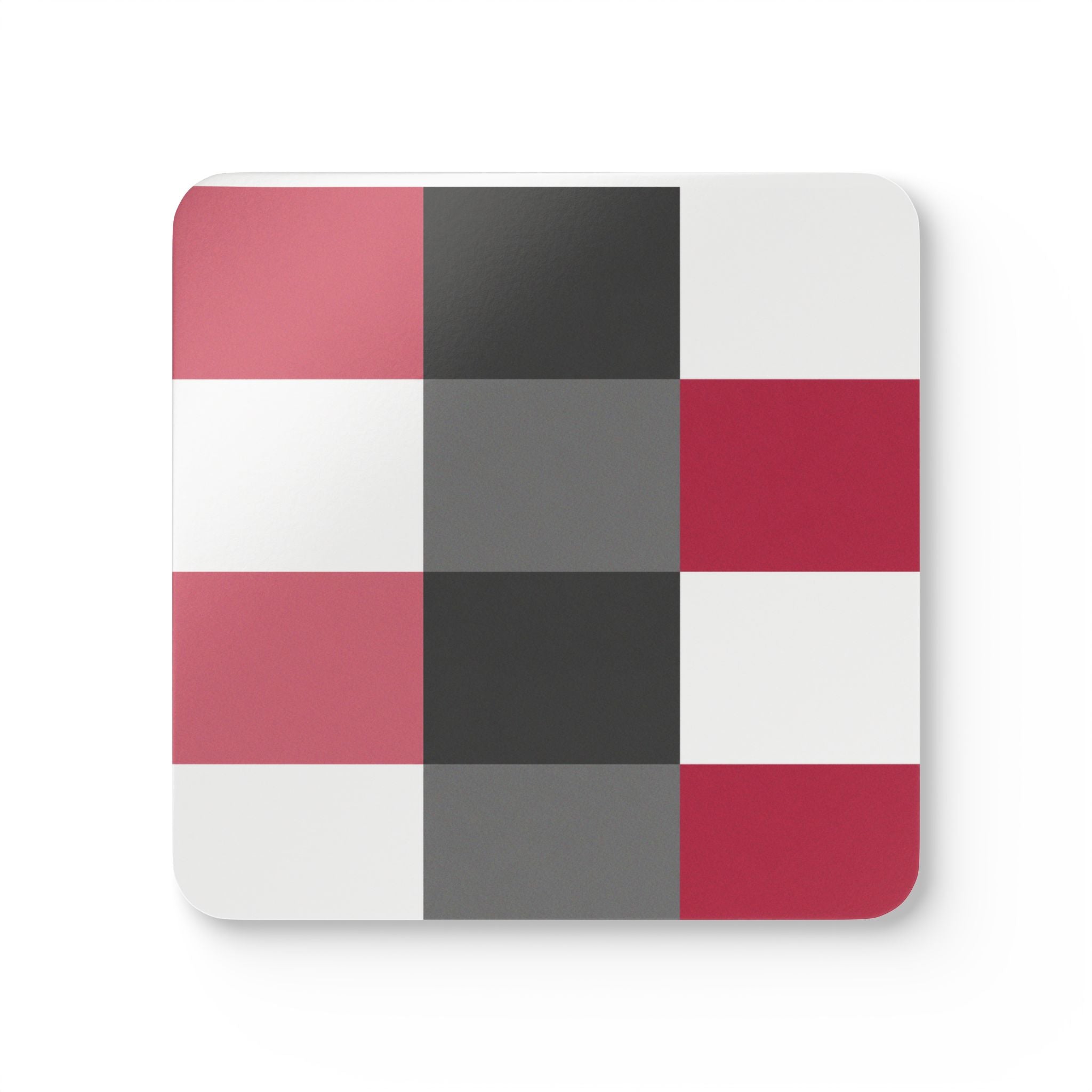 Plaid Corkwood Coaster Set — Pink, white, raspberry, & gray Geometric Drink Cork Coasters (4-Pack)