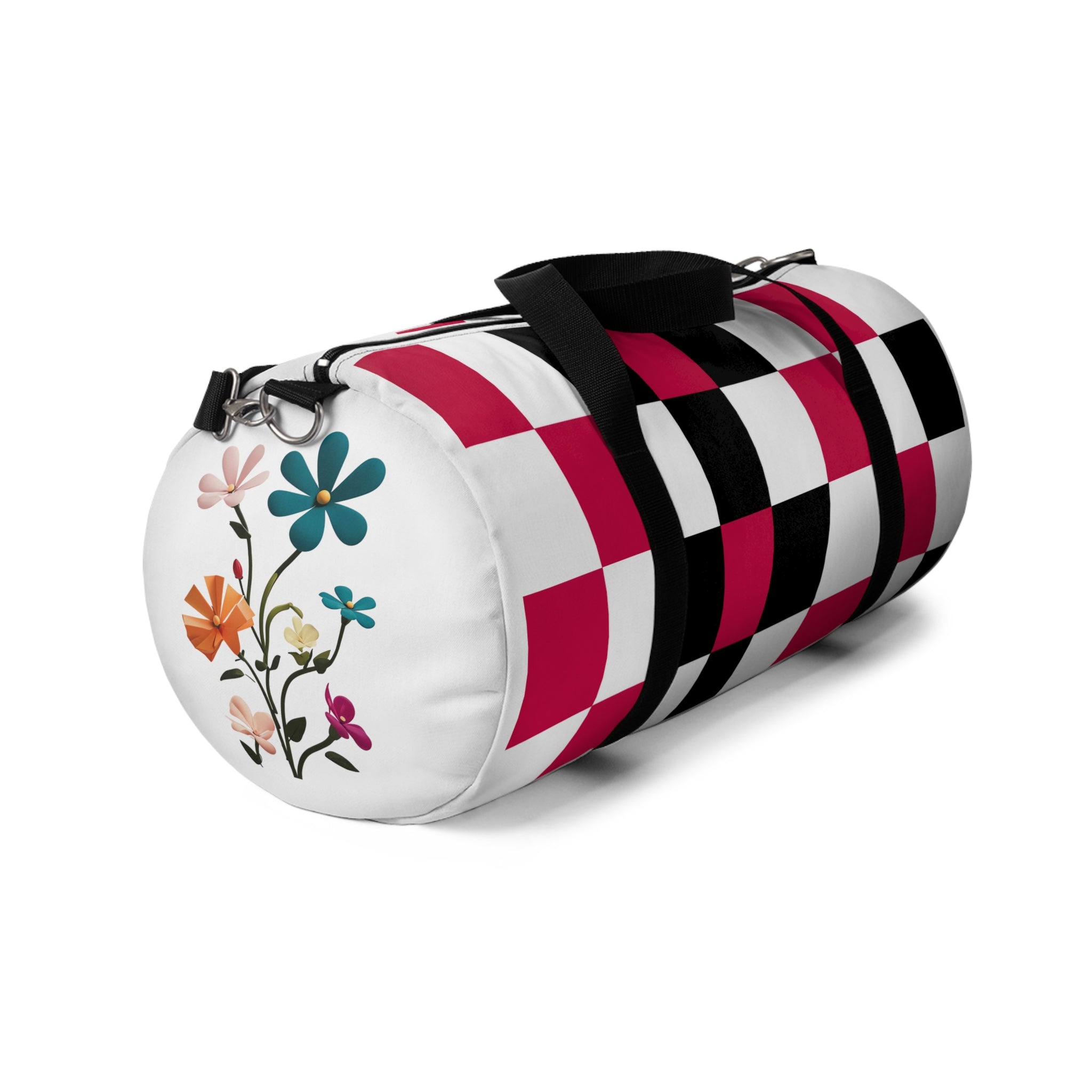 Checkerboard Duffel Bag — Red, White, Black, with flowers, Travel Gym Bag