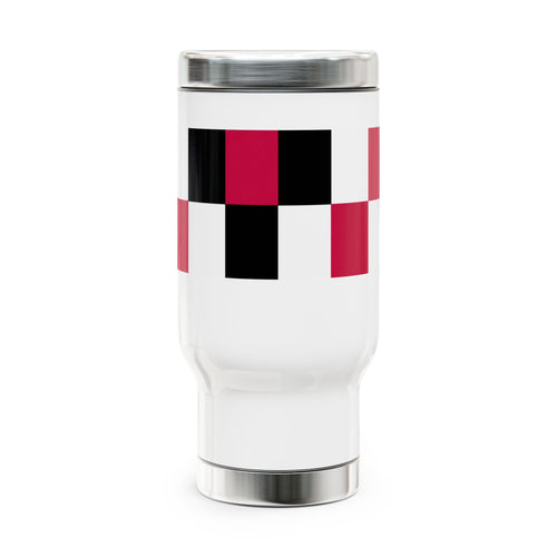 14oz Stainless Steel Travel Mug — Red & Black Checker Block Design with Handle