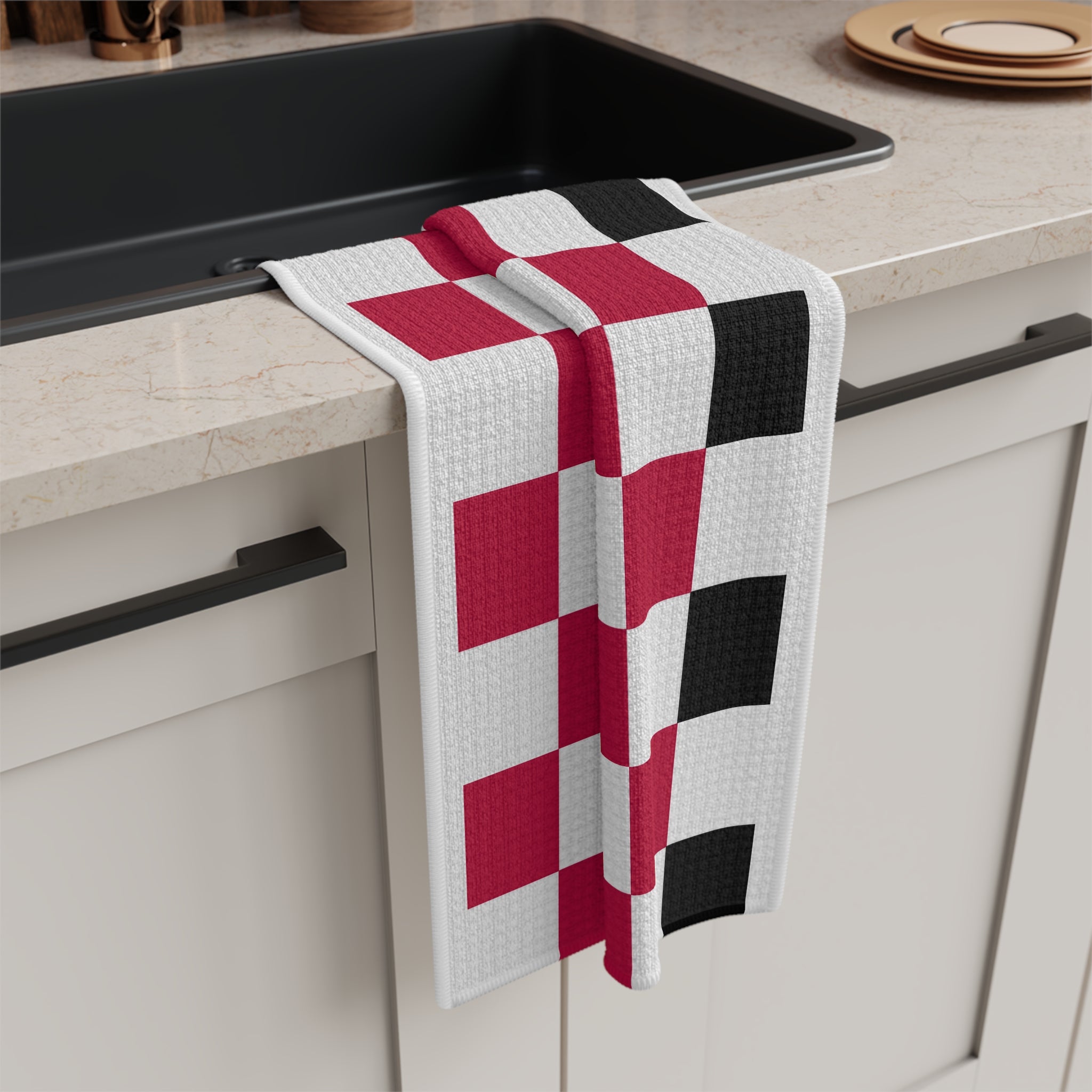 Checkerboard Microfiber Tea Towel — Red & Black Retro Kitchen Accent