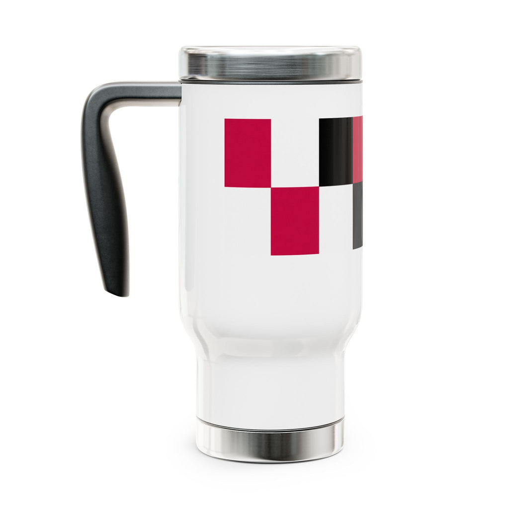 14oz Stainless Steel Travel Mug — Red & Black Checker Block Design with Handle