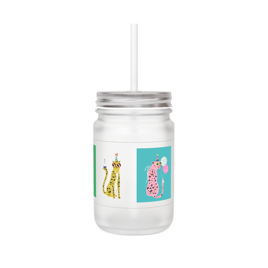 Mason Jar Tumbler with Party Cheetah Art — Cute Animal Drink Jar with Straw