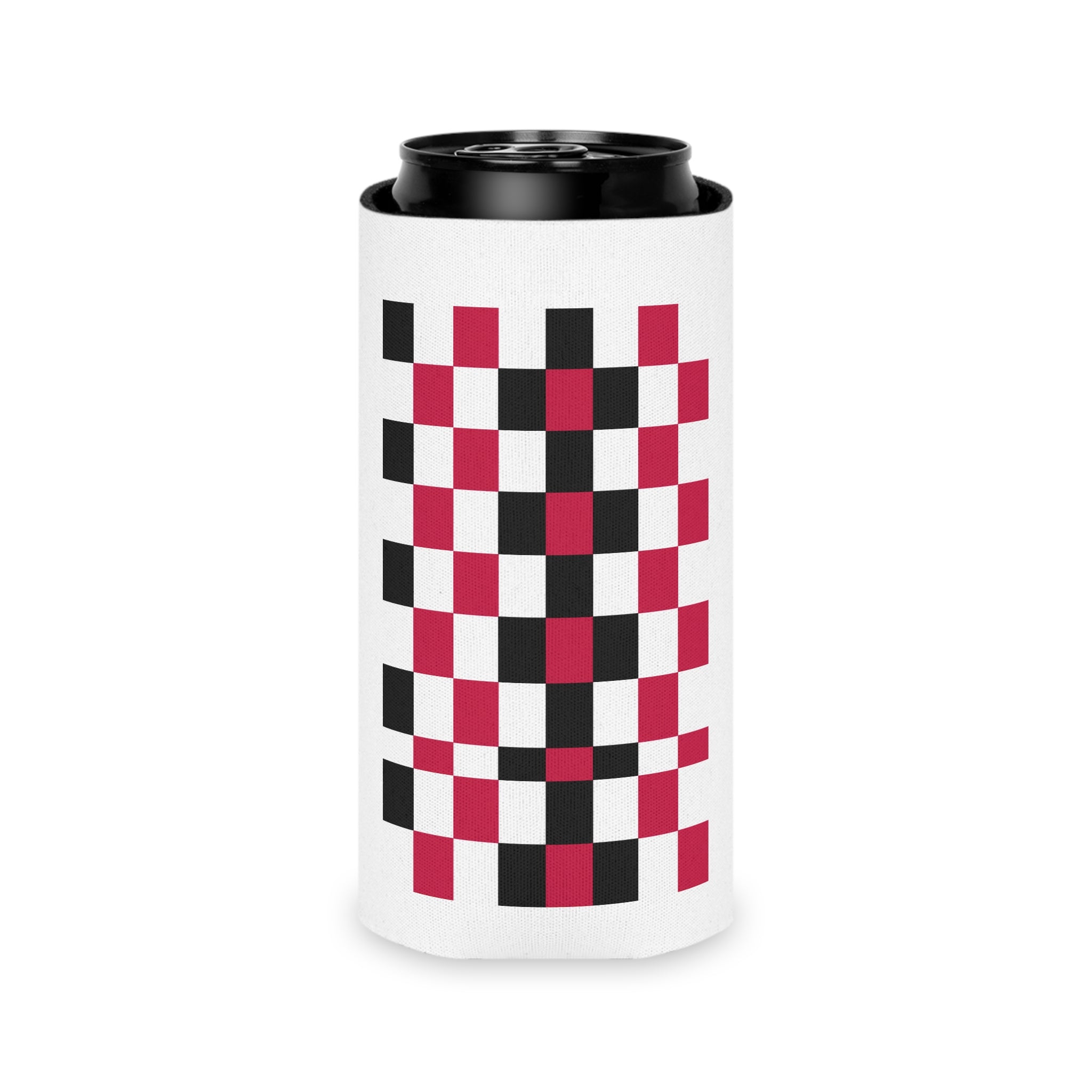 Checkerboard Can Cooler - Red & Black Retro Drink Koozie