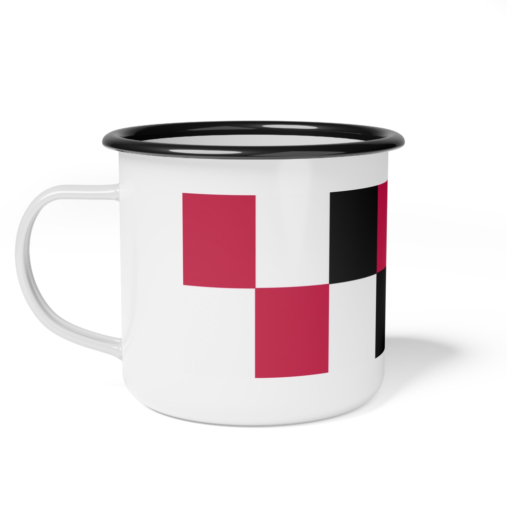 Enamel Camp Cup — Retro Checkerboard Red, White, & Black Travel Mug