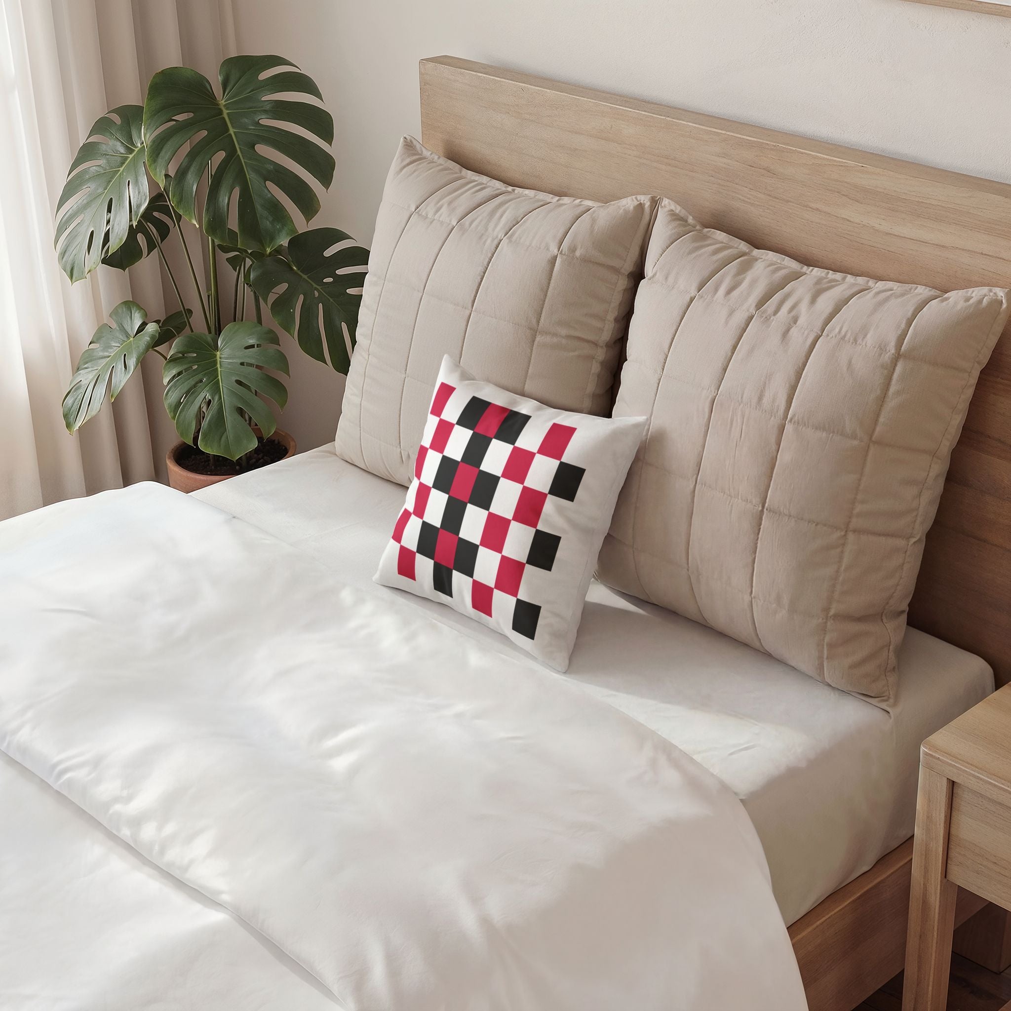 Checkerboard Velvet Pillow — Red & Black Geometric Throw Cushion