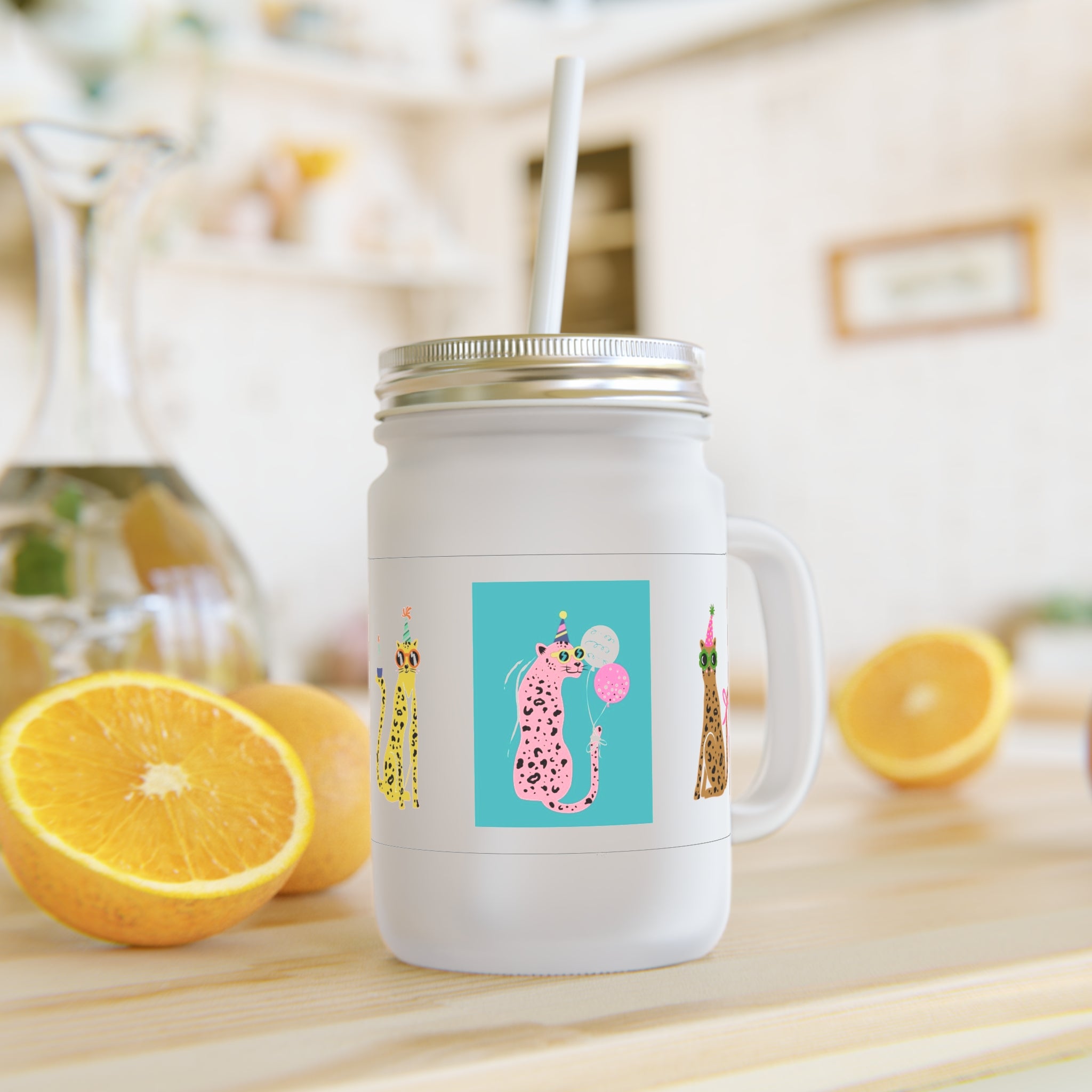 Mason Jar Tumbler with Party Cheetah Art — Cute Animal Drink Jar with Straw