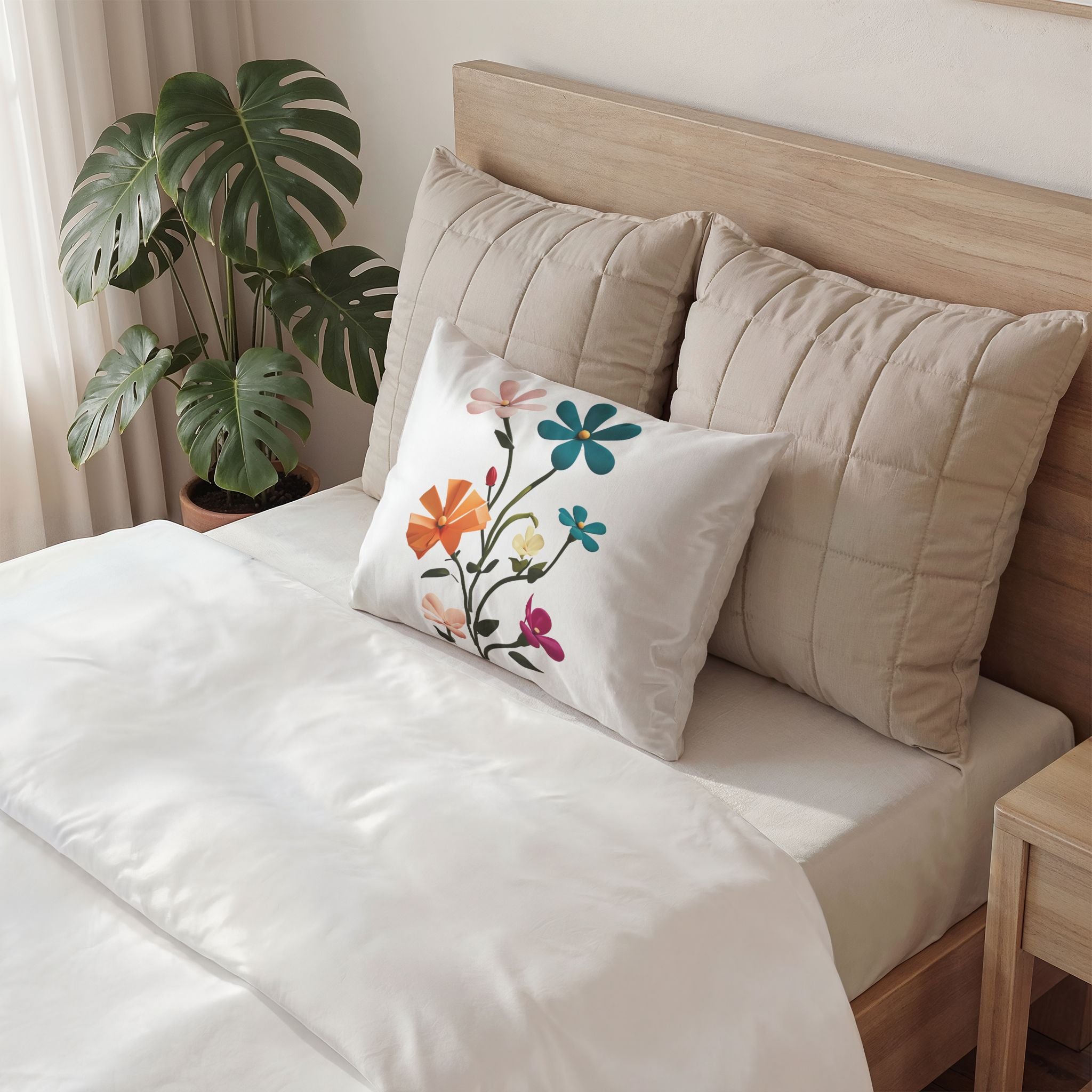 Floral Cotton Pillow Sham — Colorful Hand-Drawn Wildflower Design