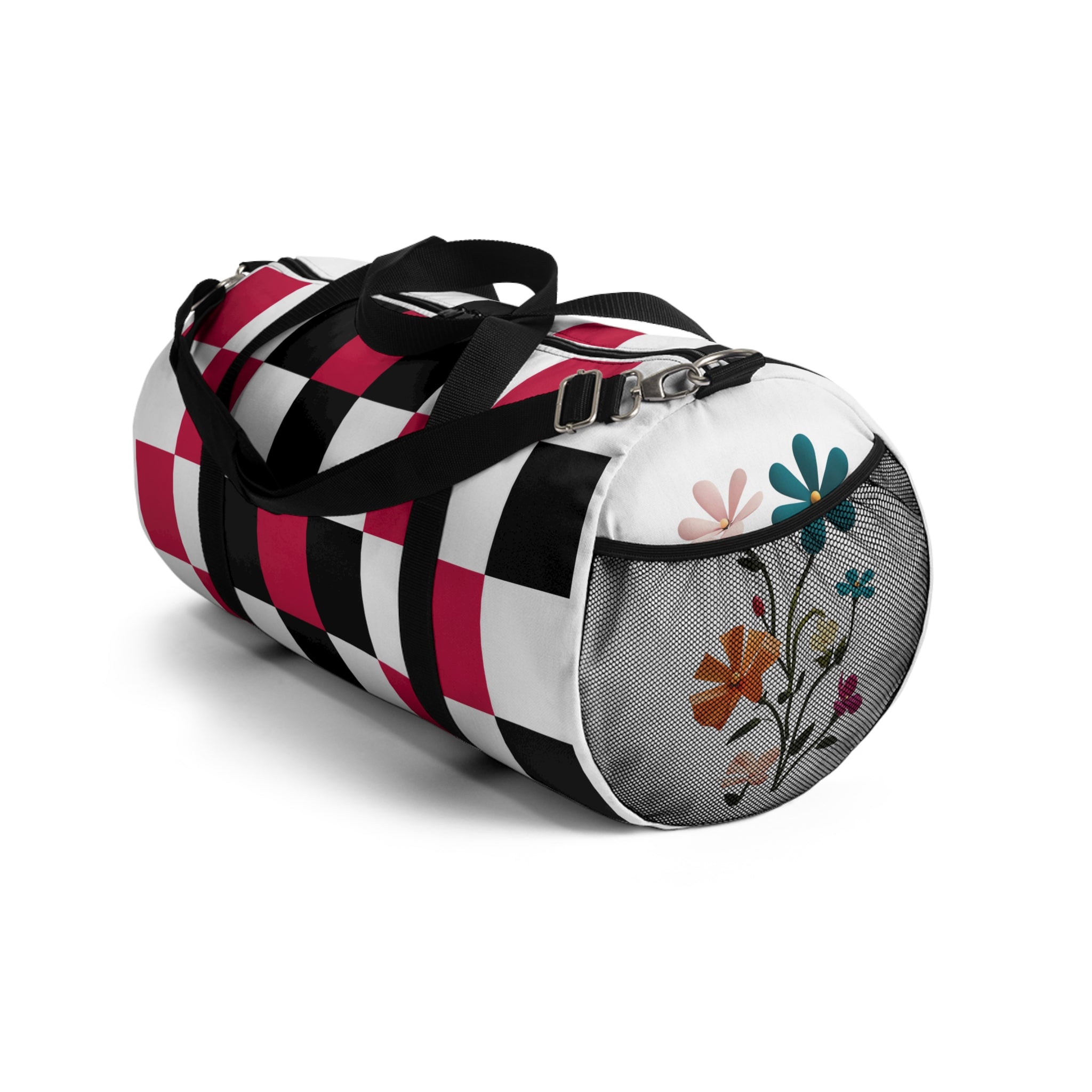 Checkerboard Duffel Bag — Red, White, Black, with flowers, Travel Gym Bag