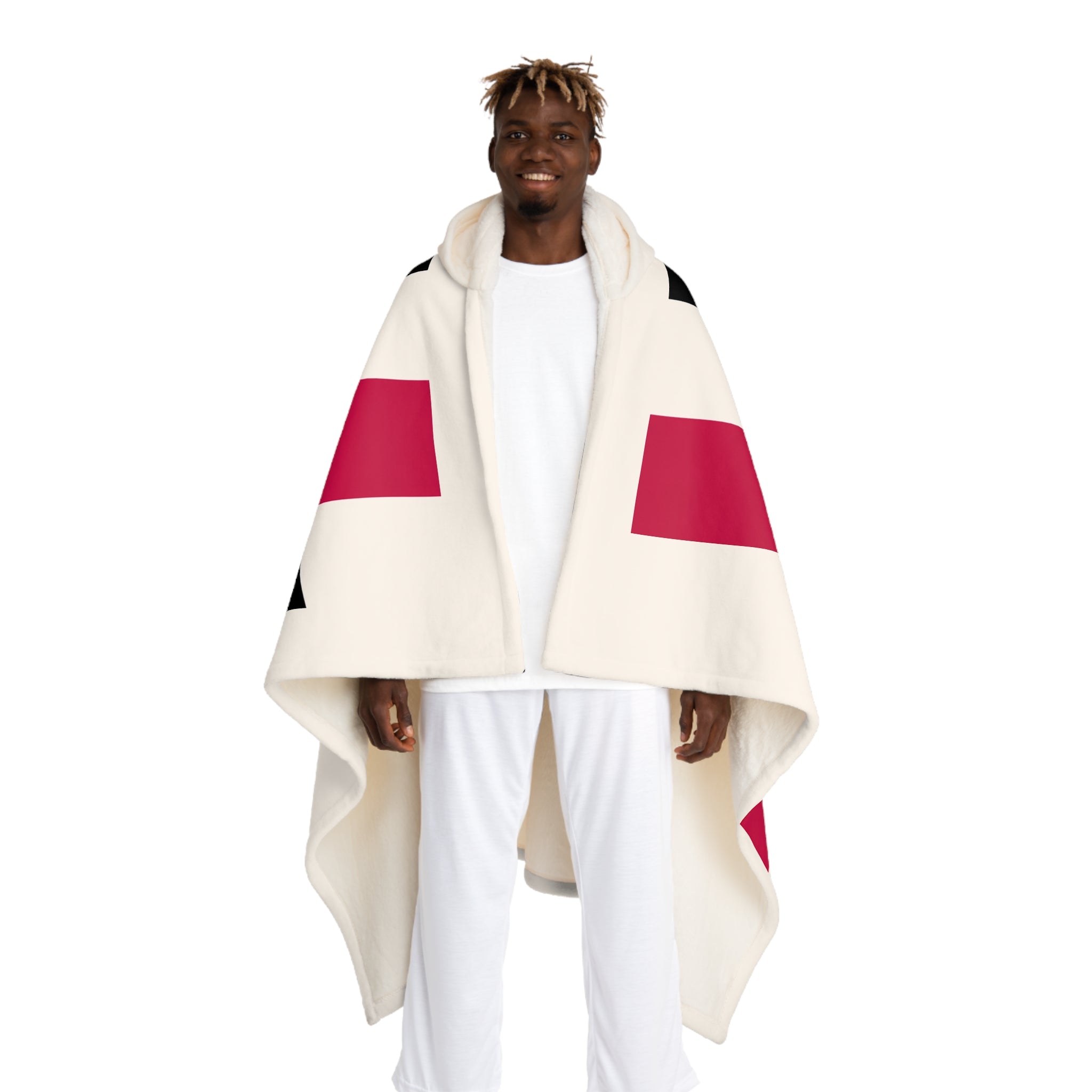 Hooded Sherpa Fleece Blanket — Cozy Geometric Hooded Throw (Cream with Red & Black Blocks)