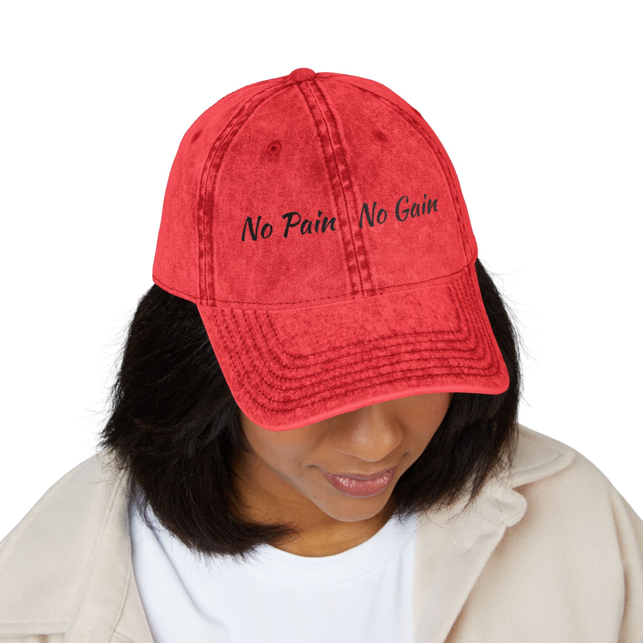No Pain No Gain Embroidered Vintage Cap - Washed Red Dad Hat for Gym & Casual Wear