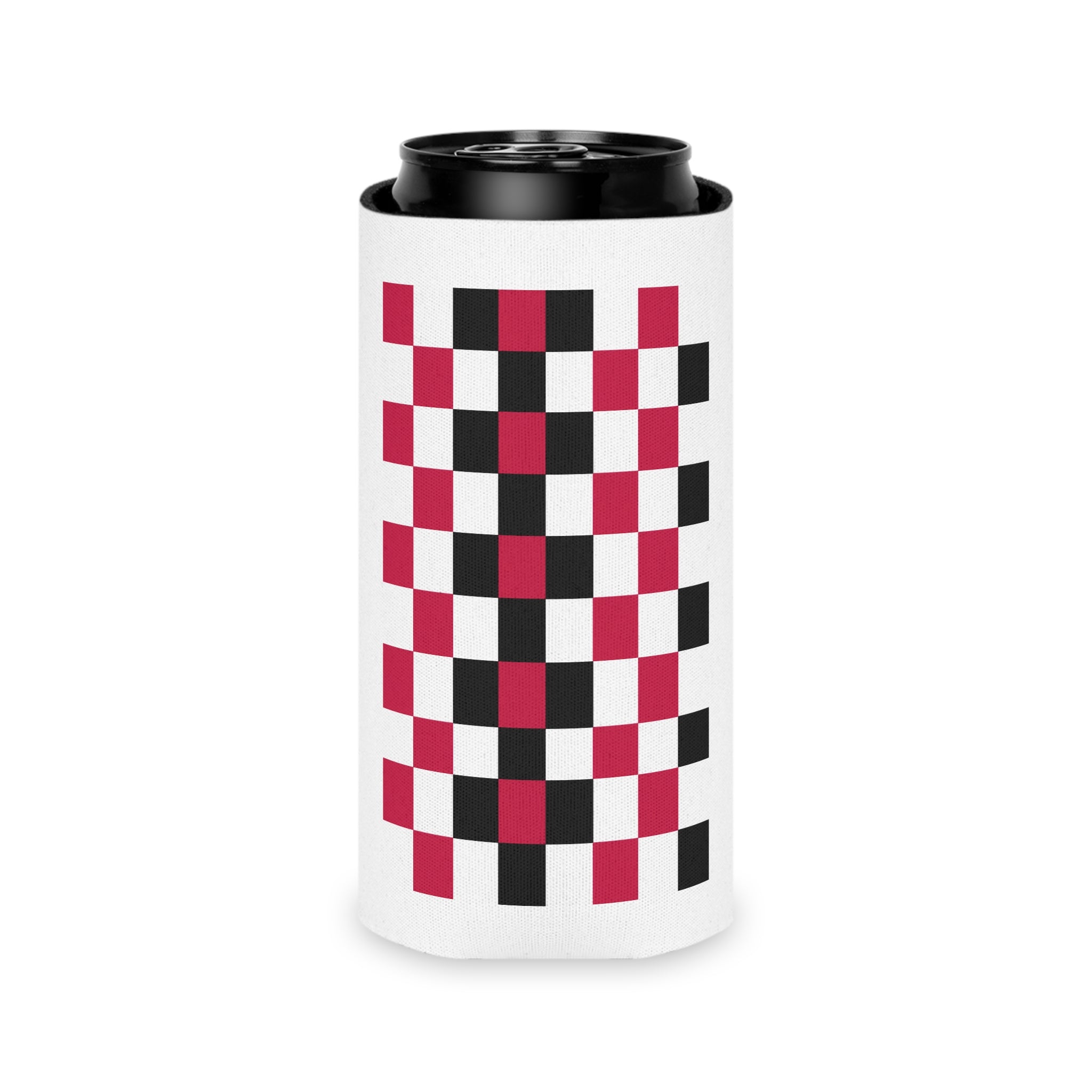 Checkerboard Can Cooler - Red & Black Retro Drink Koozie