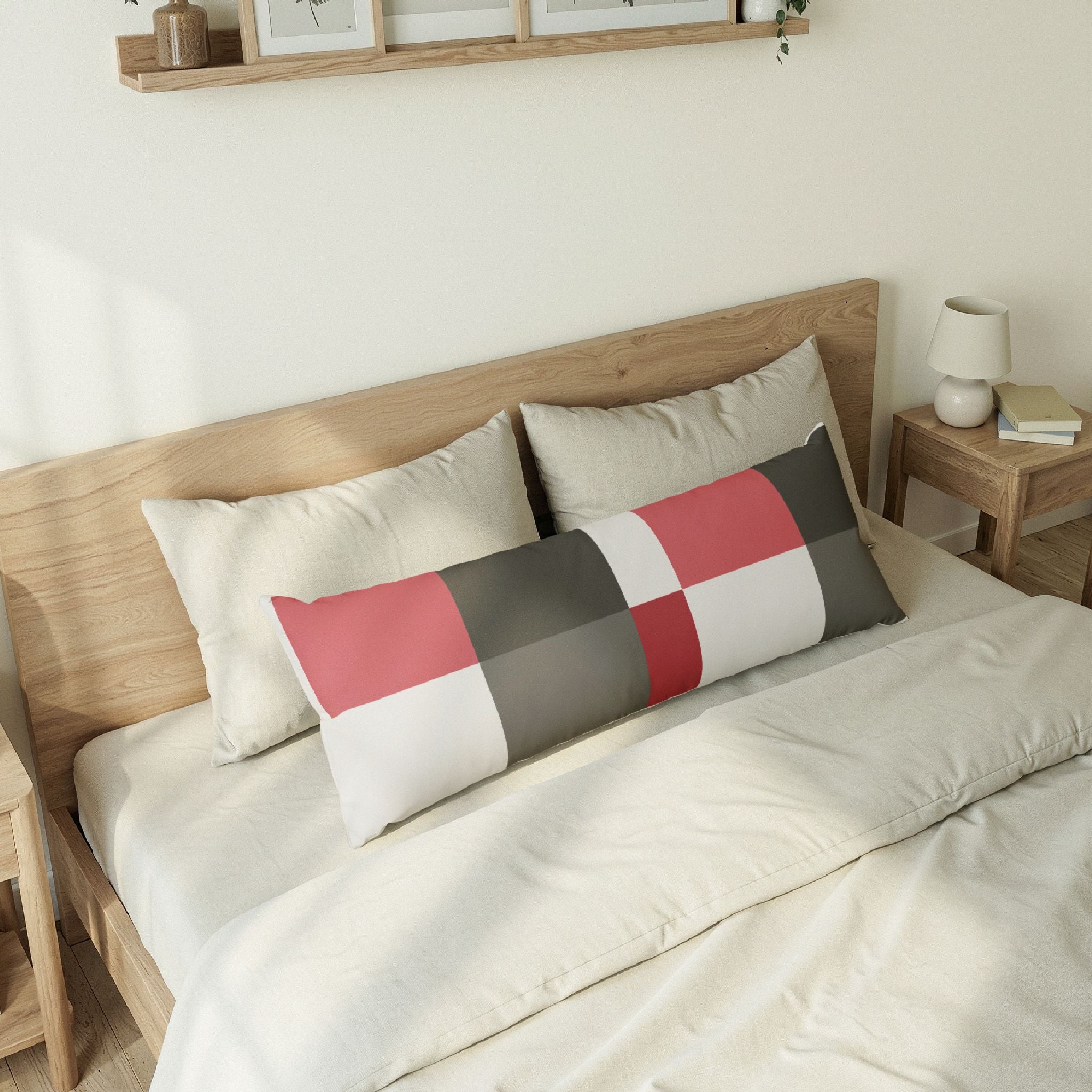 Geometric Block Body Pillow — Modern Red & Gray Lumbar Support