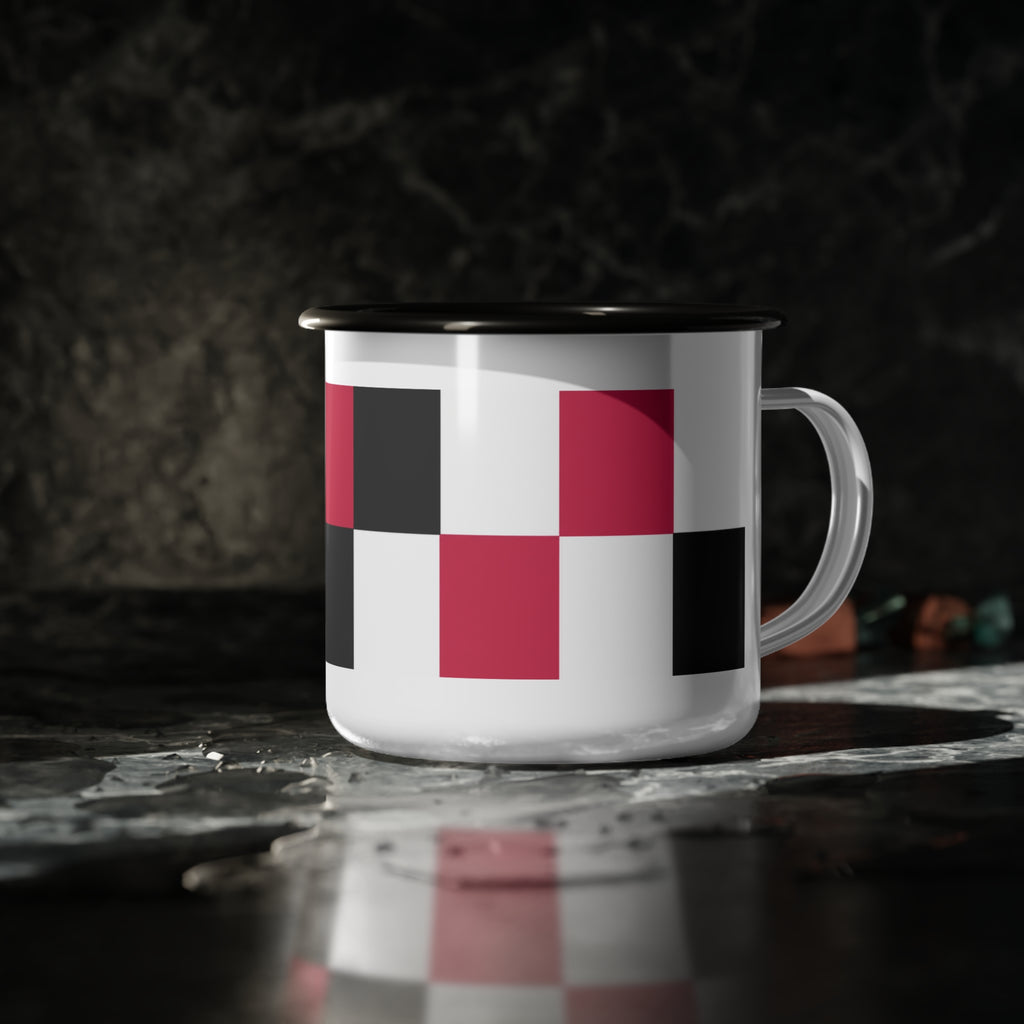 Enamel Camp Cup — Retro Checkerboard Red, White, & Black Travel Mug