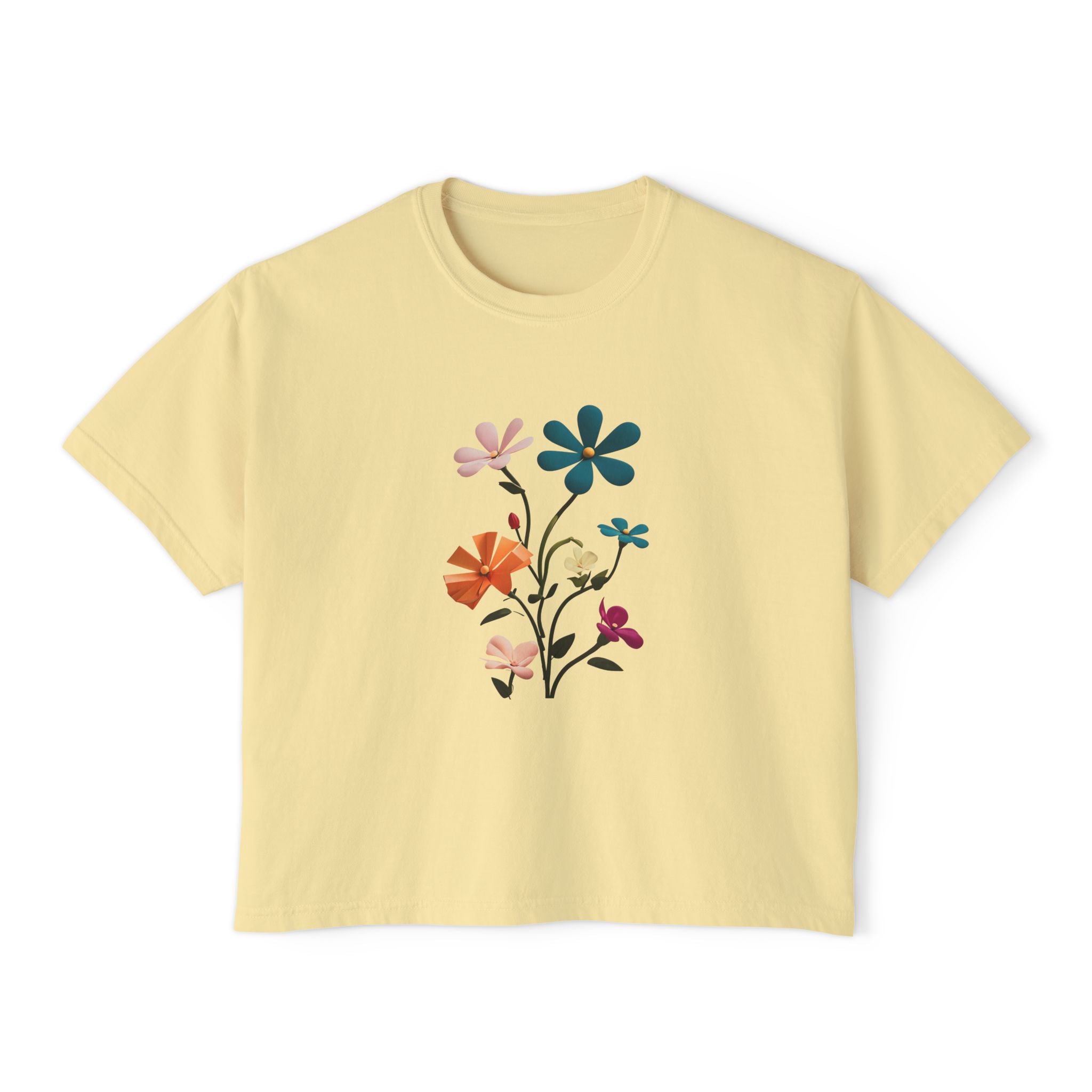 Floral Bouquet Women's Boxy Tee — Retro Colorful Wildflower Graphic