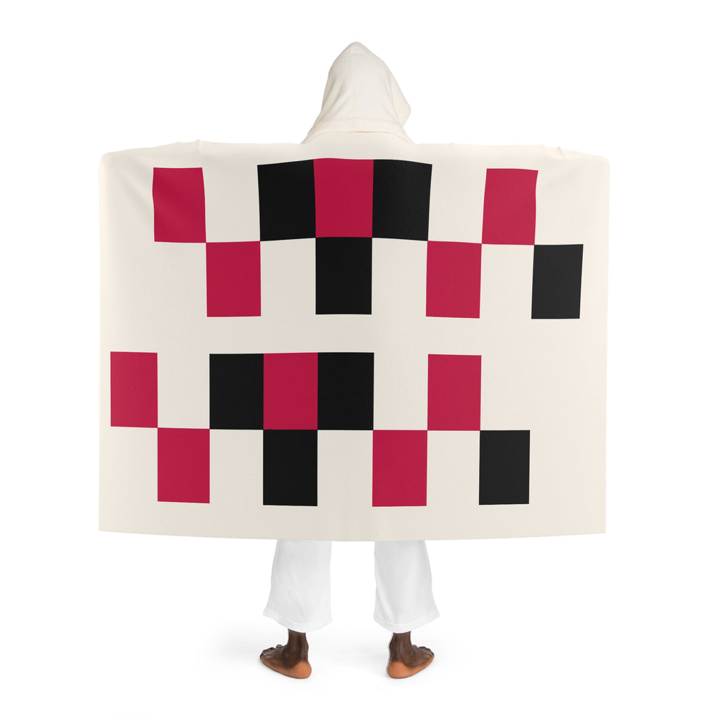 Hooded Sherpa Fleece Blanket — Cozy Geometric Hooded Throw (Cream with Red & Black Blocks)