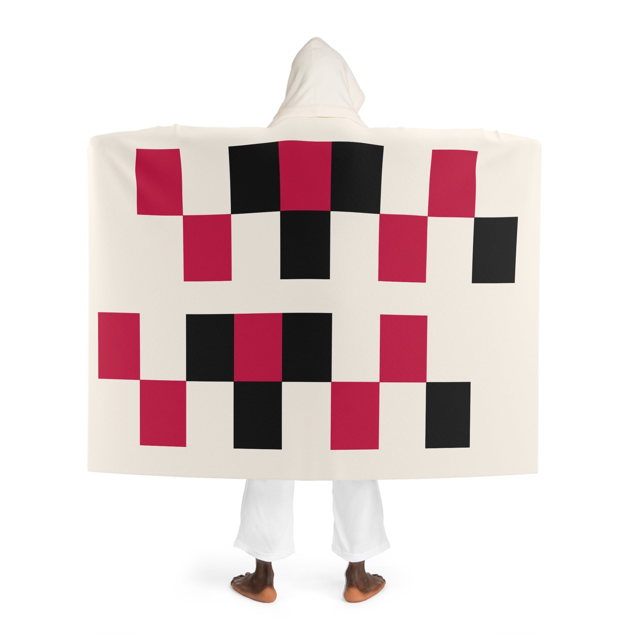 Hooded Sherpa Fleece Blanket — Cozy Geometric Hooded Throw (Cream with Red & Black Blocks)