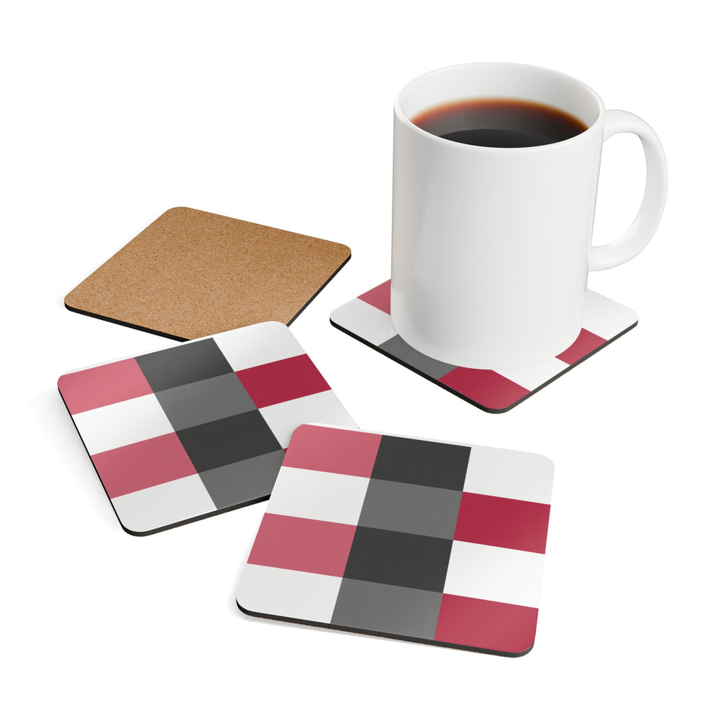 Plaid Corkwood Coaster Set — Pink, white, raspberry, & gray Geometric Drink Cork Coasters (4-Pack)