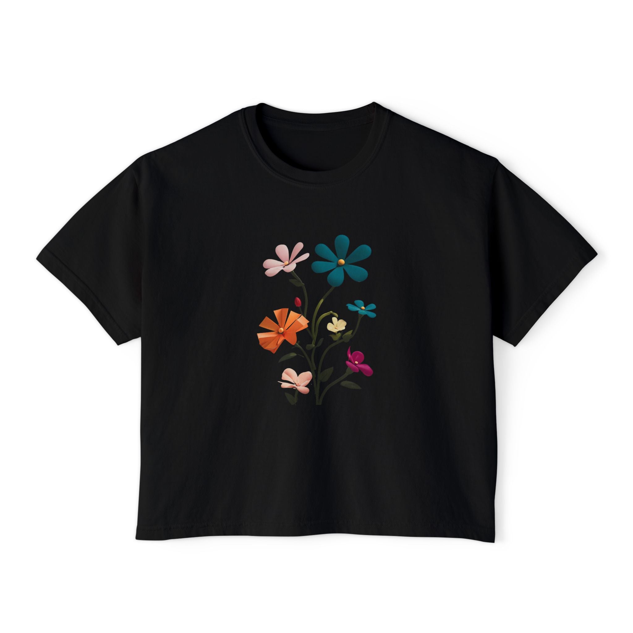 Floral Bouquet Women's Boxy Tee — Retro Colorful Wildflower Graphic